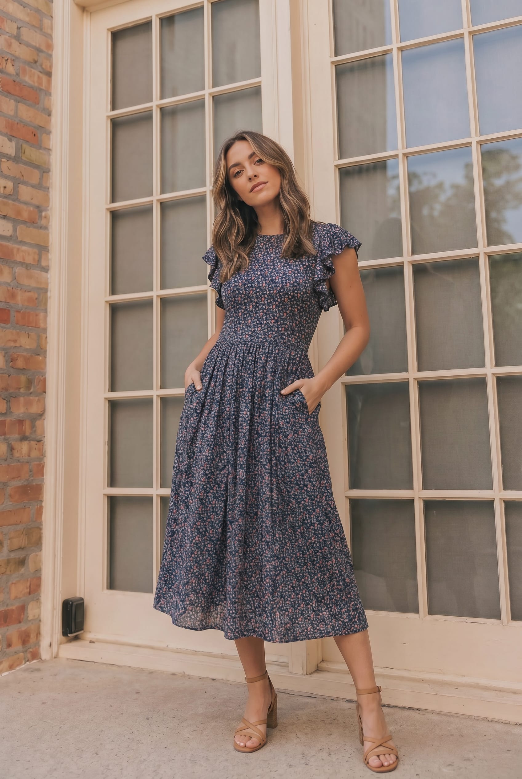 Haptics Black Floral Flutter Sleeve Midi Dress