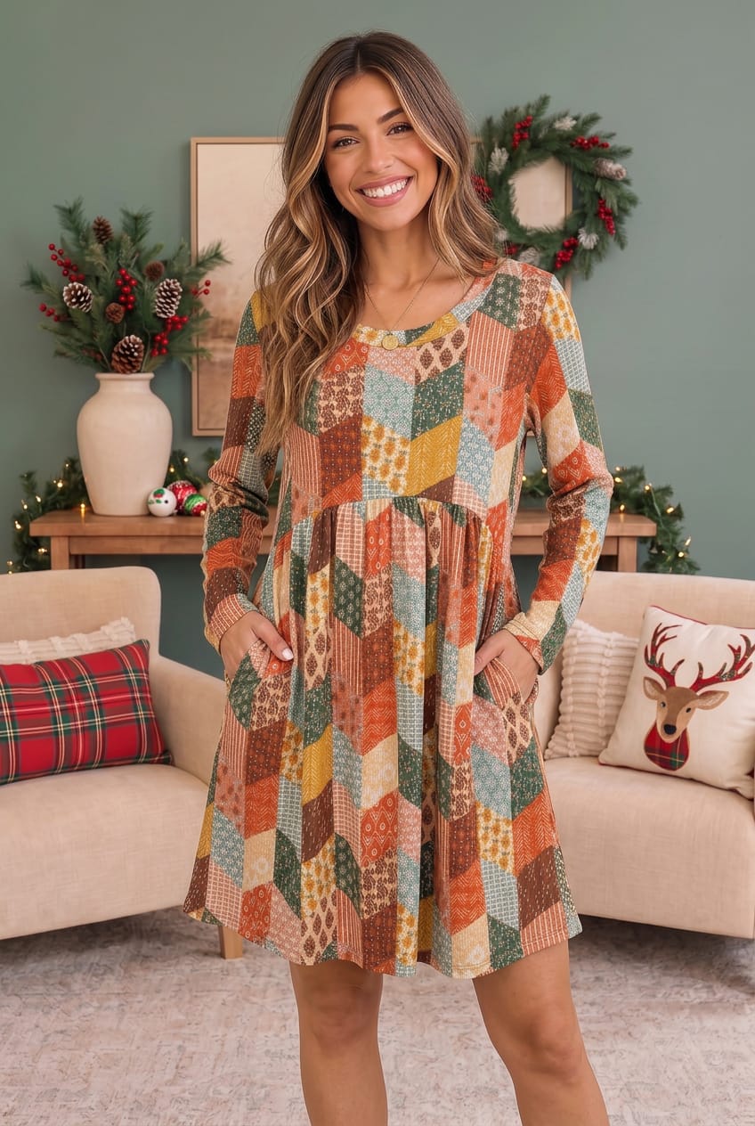 Haptics Patchwork Charm Long Sleeve Babydoll Dress