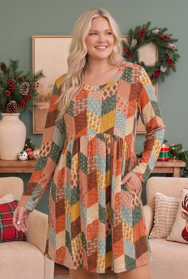 Haptics Patchwork Charm Long Sleeve Babydoll Dress