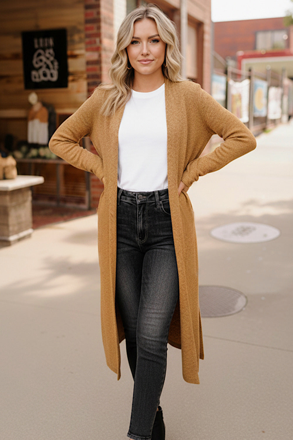 Haptics Butterscotch Two-Tone Hacci Open Duster Cardigan