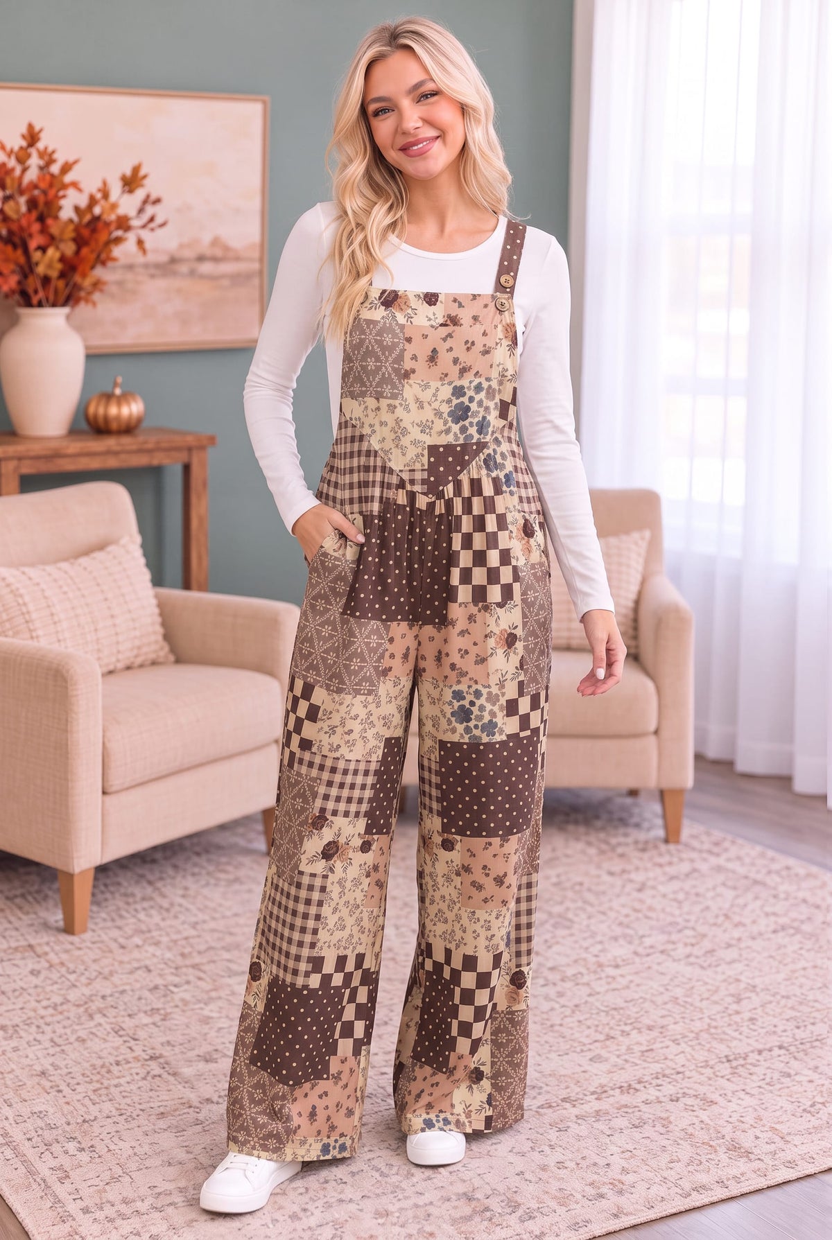 Haptics Cozy Patchwork Dreams Wide Leg Overall Set
