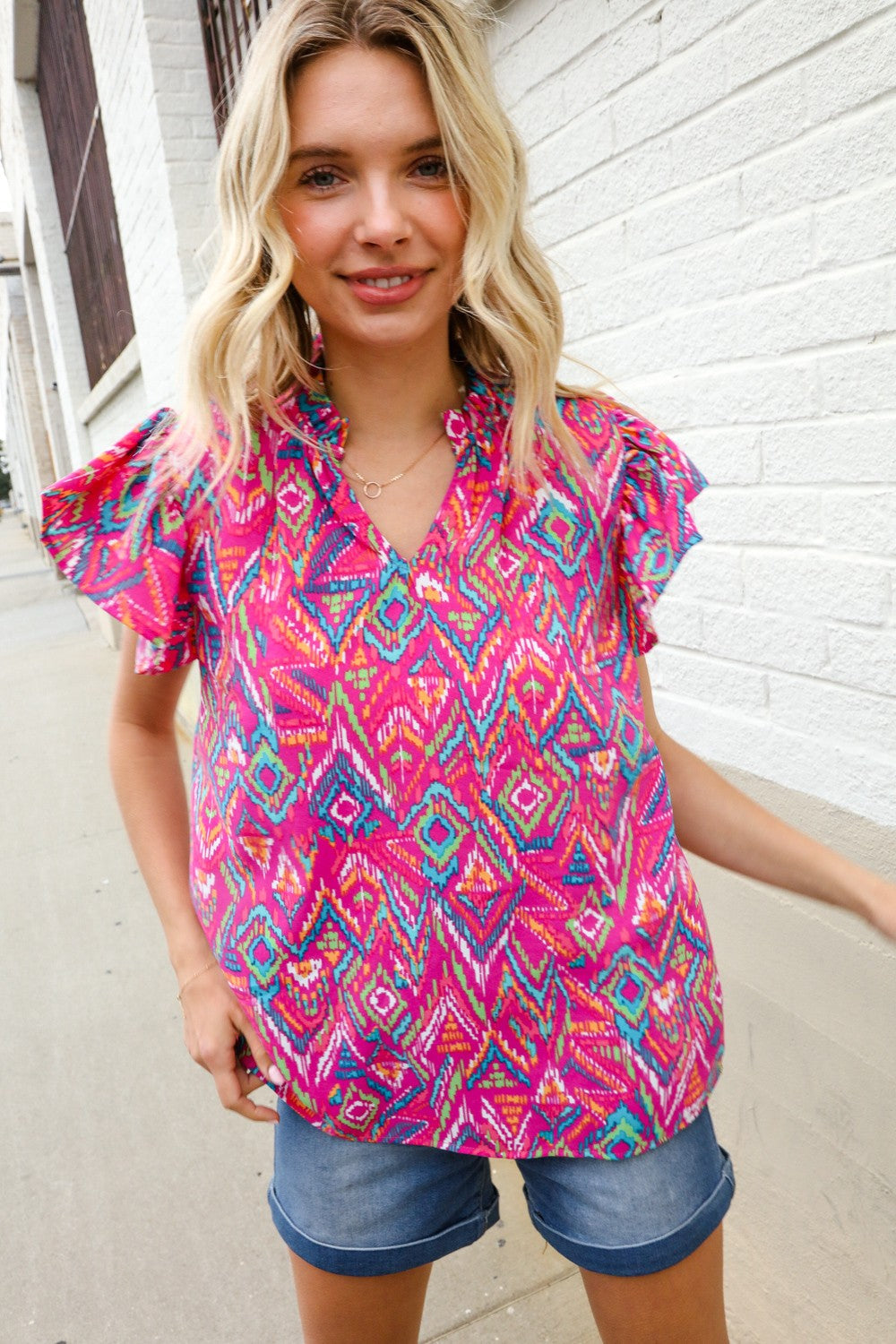 Haptics You Got This Fuchsia Abstract Print Notch Frill Neck Blouse