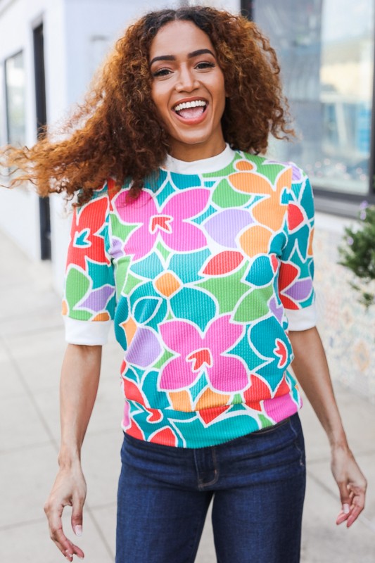 Haptics Multicolor Floral Rib Back Bow Tie Detail Top