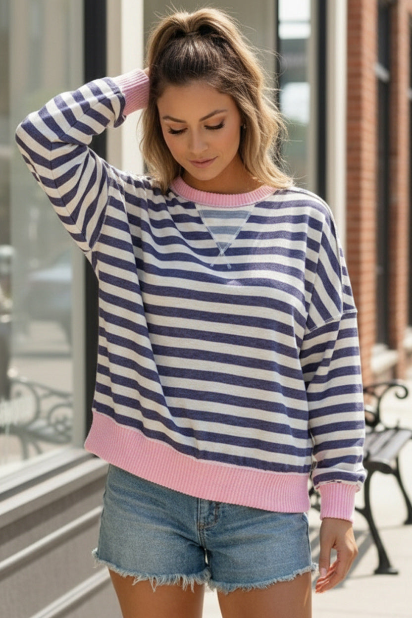 Haptics Navy & Pink Crew Neck With Triangle Detail Drop Shoulder Loose Fit Oversized Long Sleeve Color Block Stripe French Terry Pullover