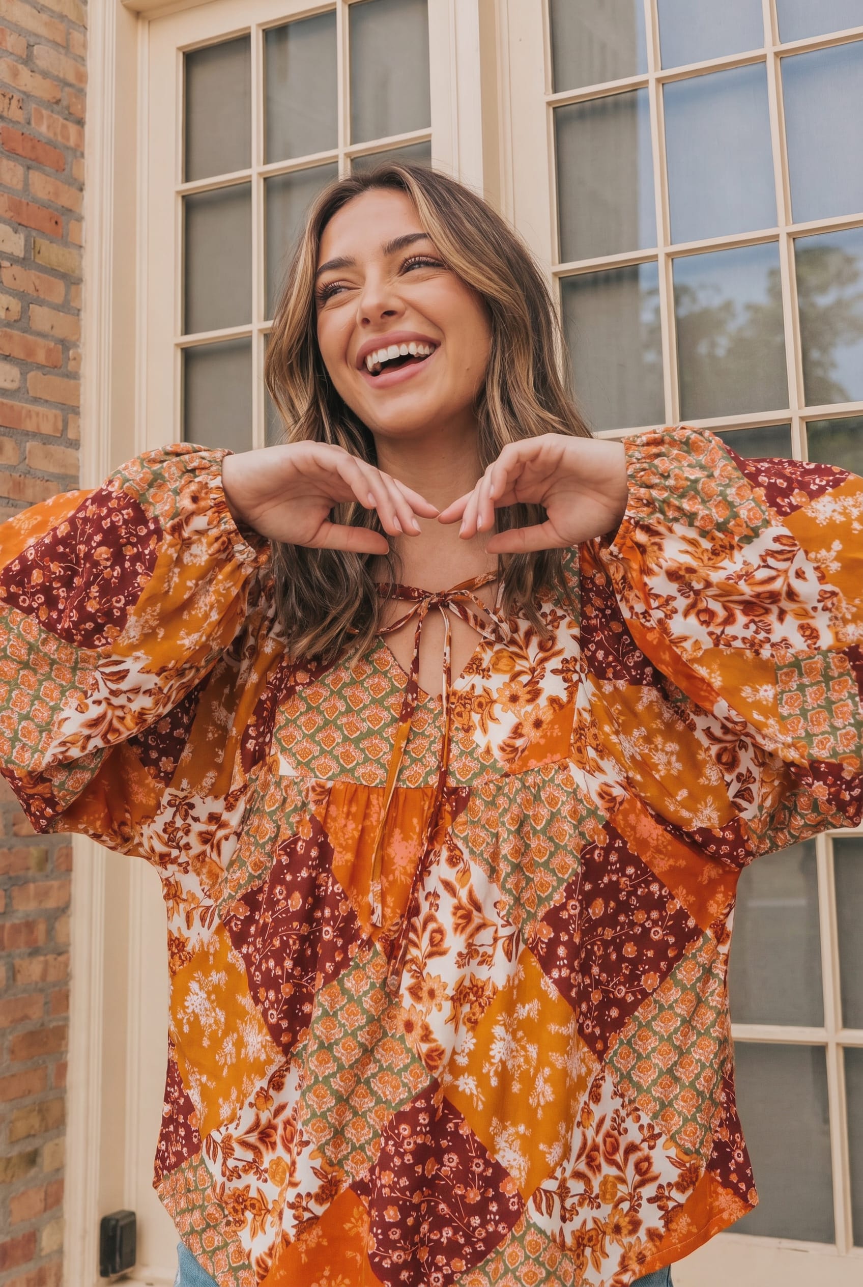 Haptics Autumn Patchwork Boho Blouse in Rust