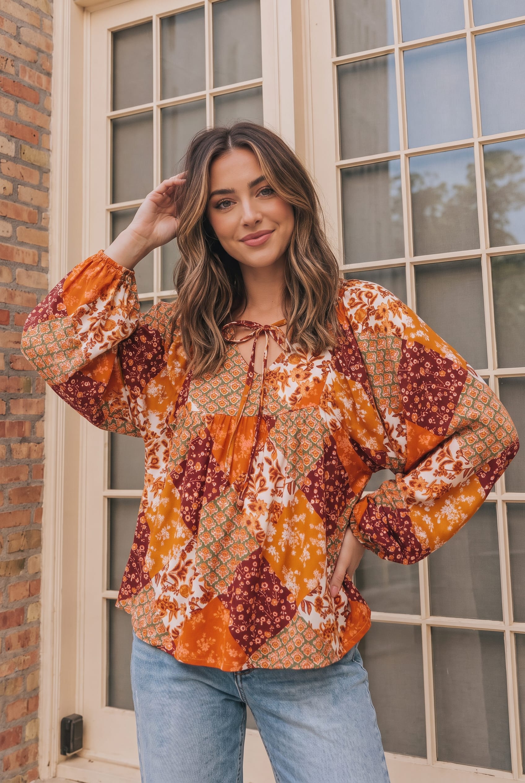 Haptics Autumn Patchwork Boho Blouse in Rust