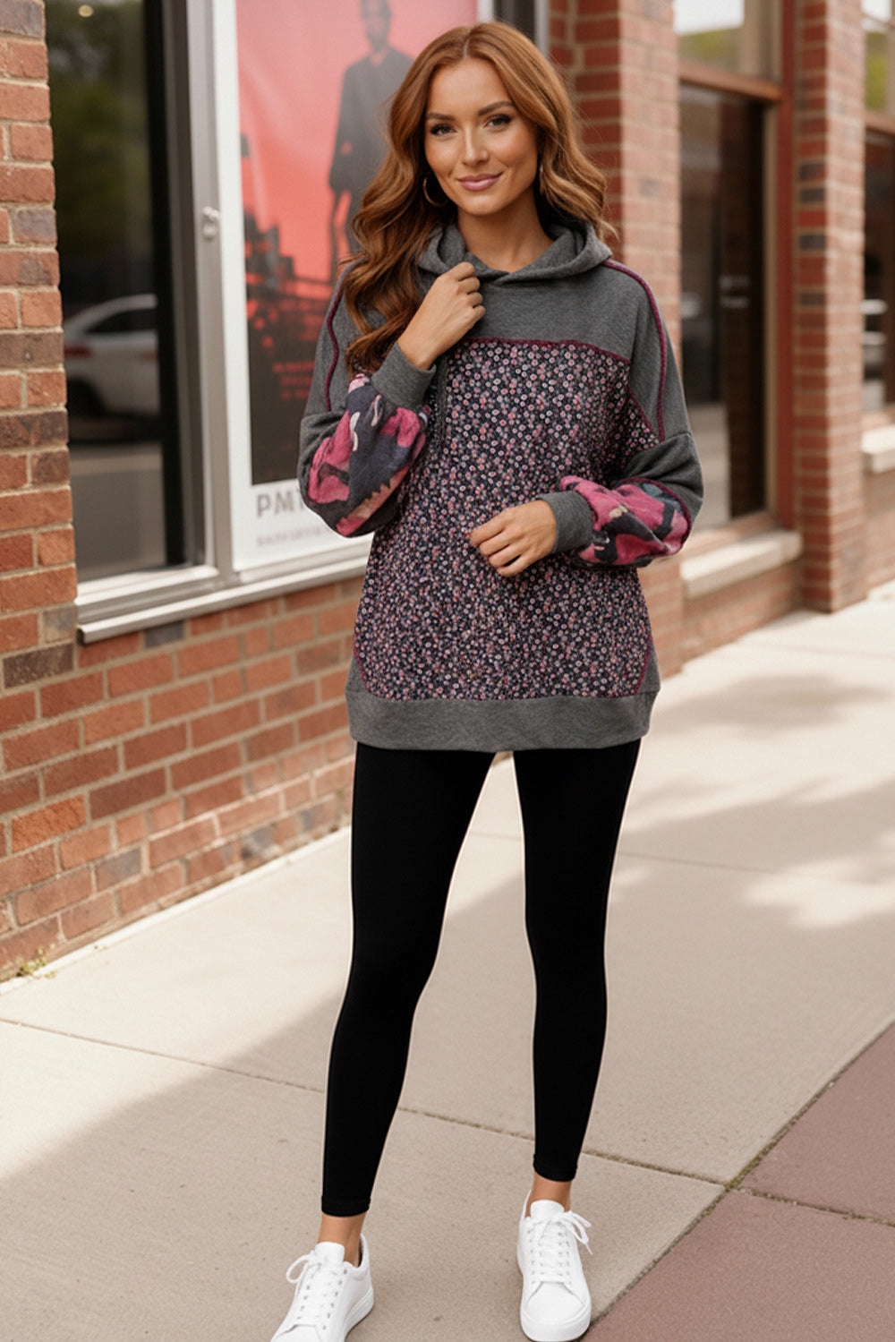 Haptics Charcoal Floral Color Block French Terry Hoodie