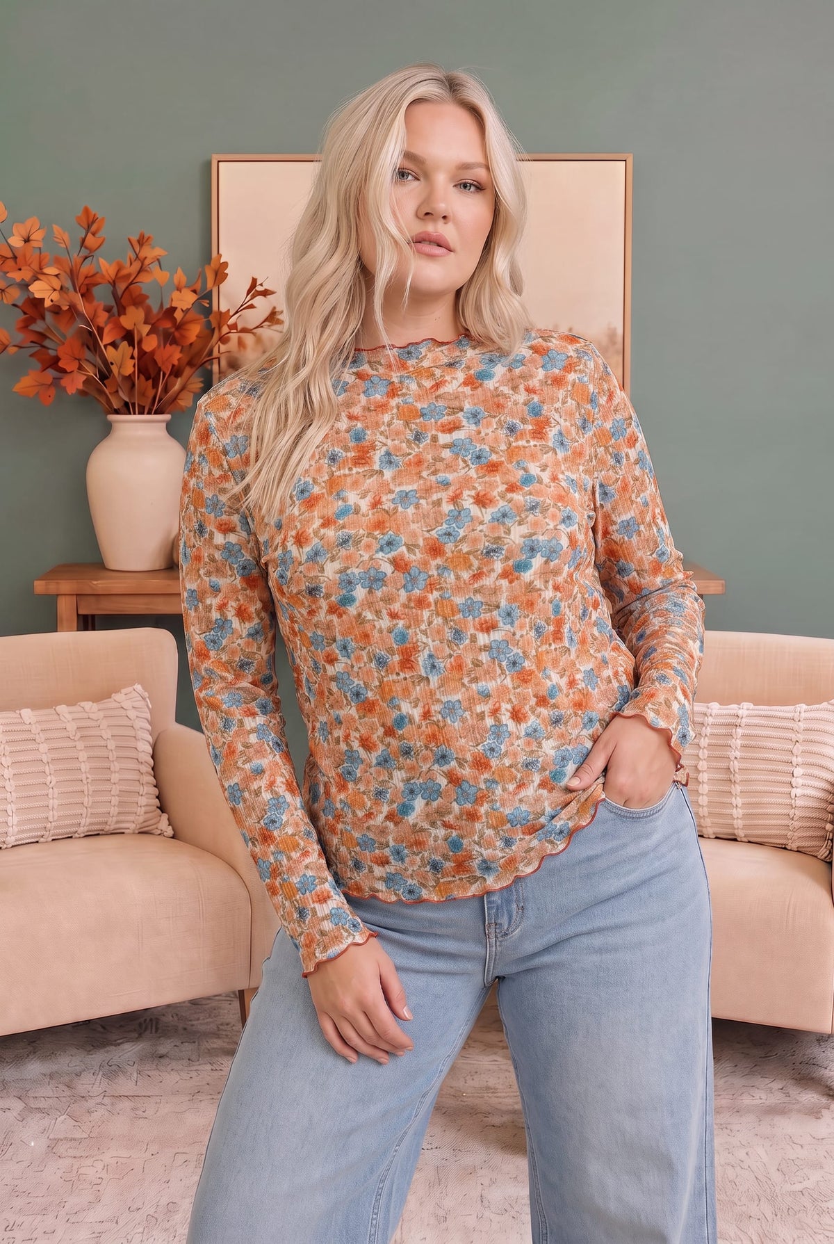 Haptics Ivy Garden Floral Mesh Long Sleeve Top Tops