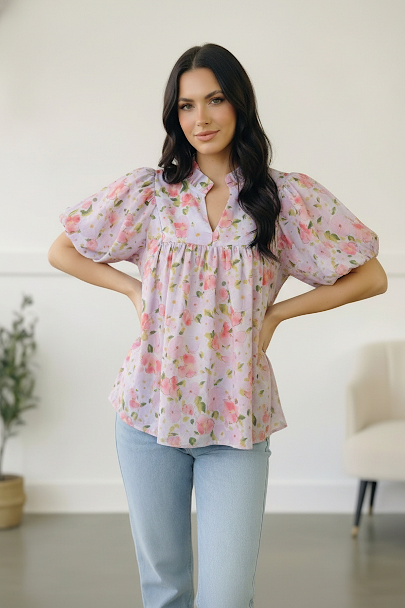 Haptics Frilled Notch Neck Floral Woven Posey Blouse
