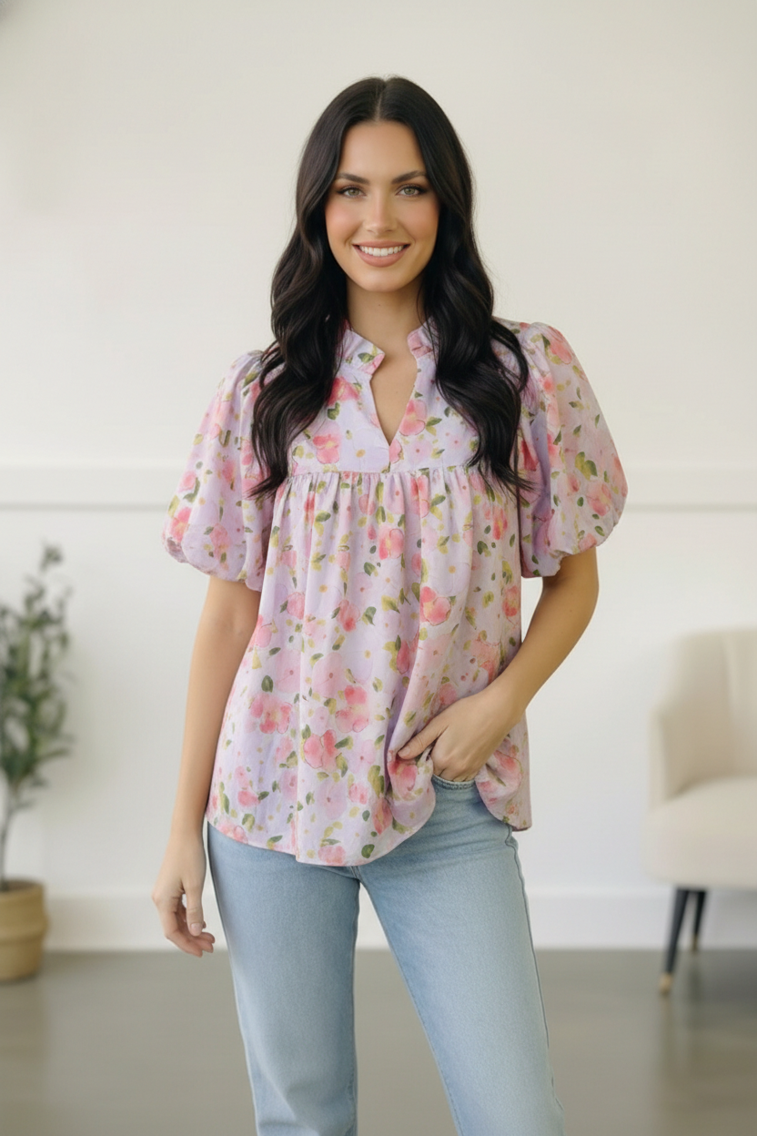 Haptics Frilled Notch Neck Floral Woven Posey Blouse
