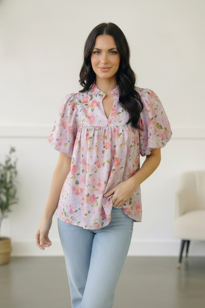 Haptics Frilled Notch Neck Floral Woven Posey Blouse