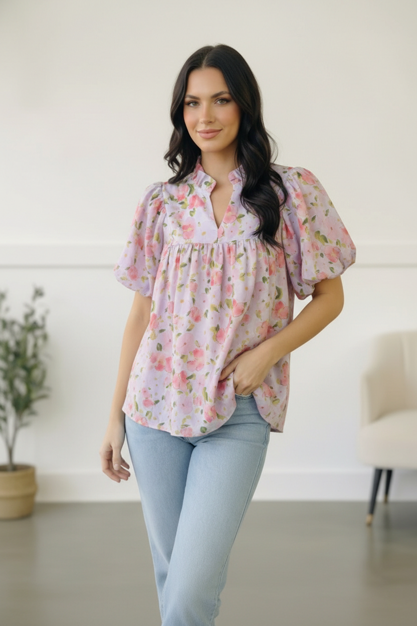 Haptics Frilled Notch Neck Floral Woven Posey Blouse