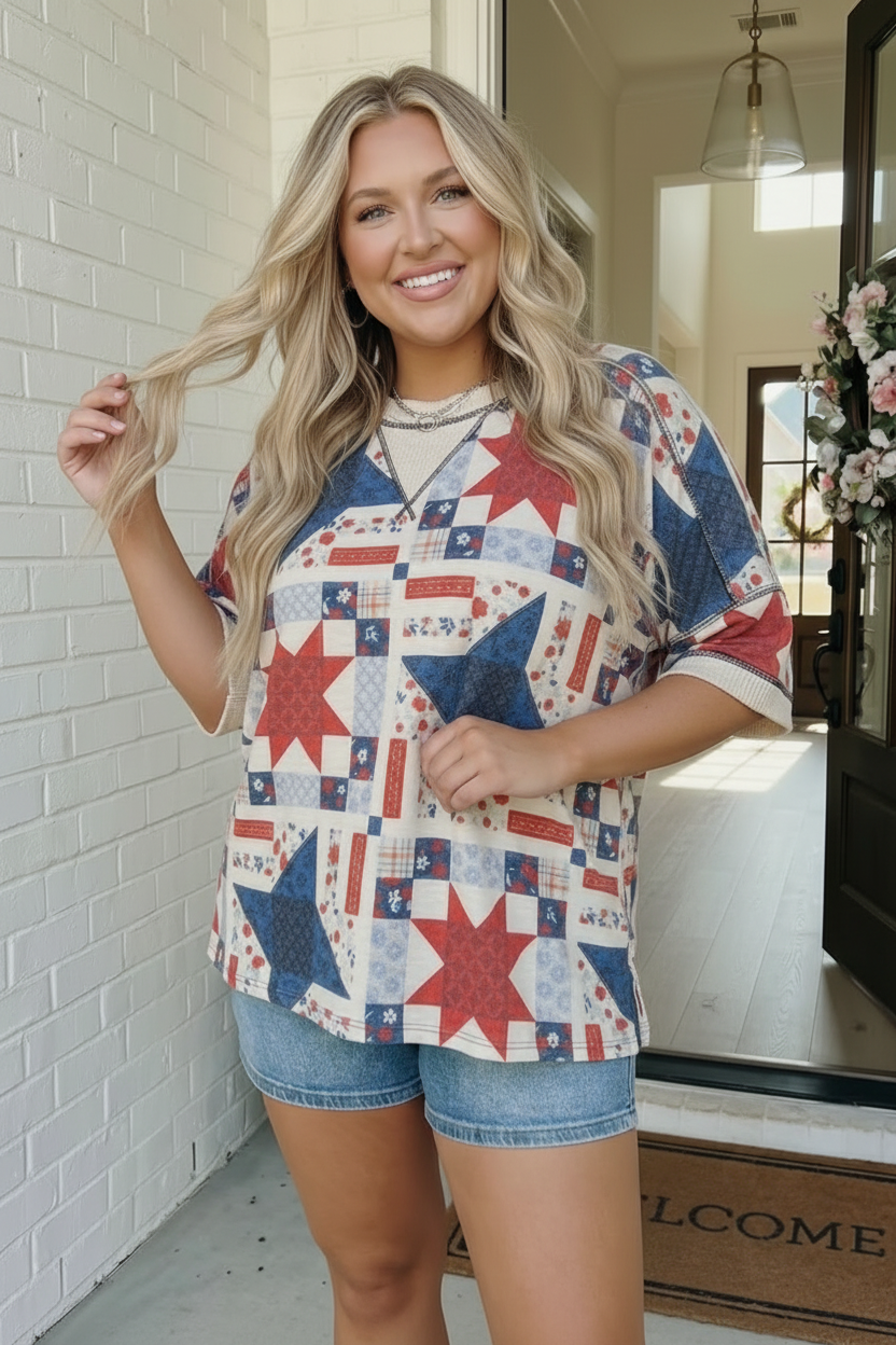 Haptics Stars and Floral Patchwork Print Top