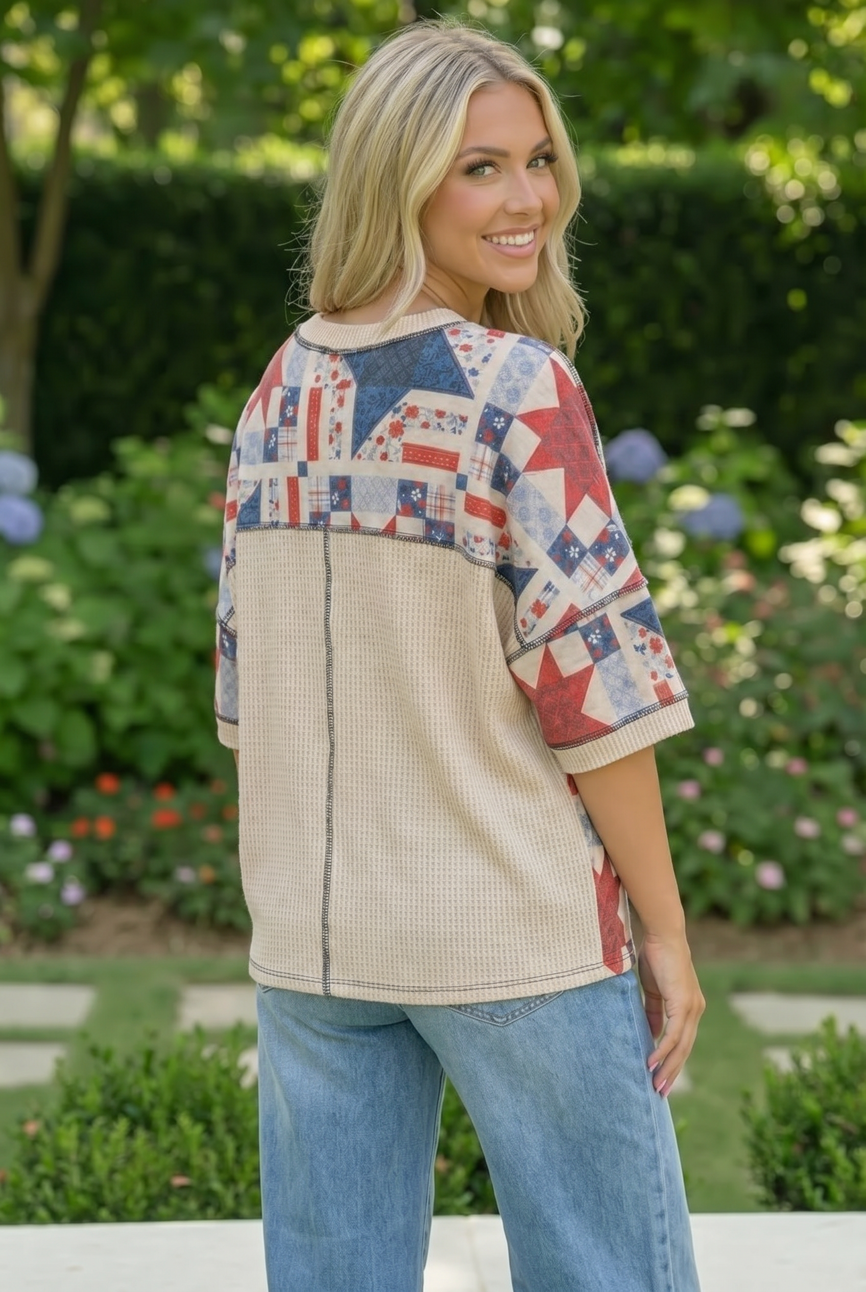Haptics Stars and Floral Patchwork Print Top