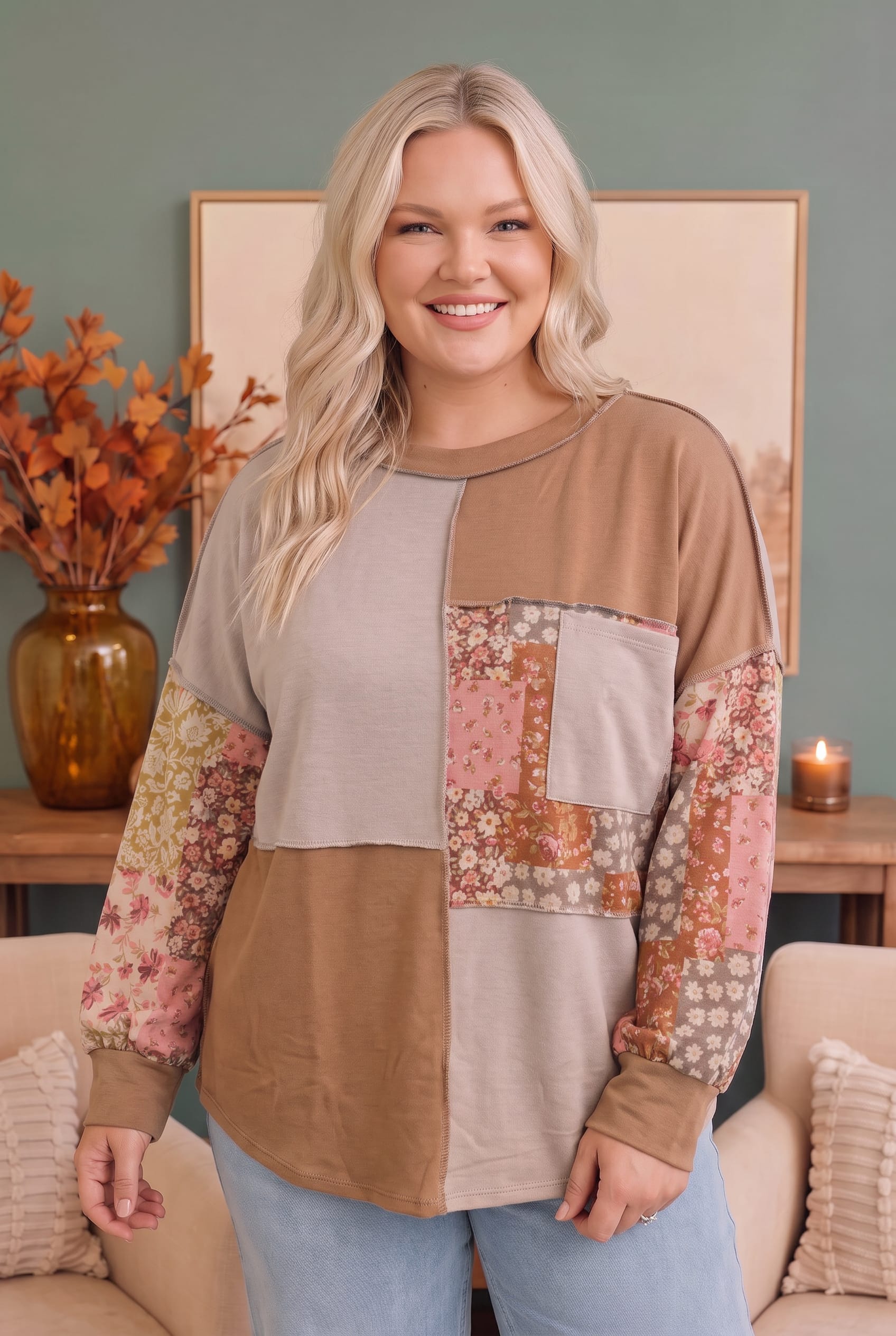 Haptics Neapolitan Patchwork Floral Colorblock Pullover