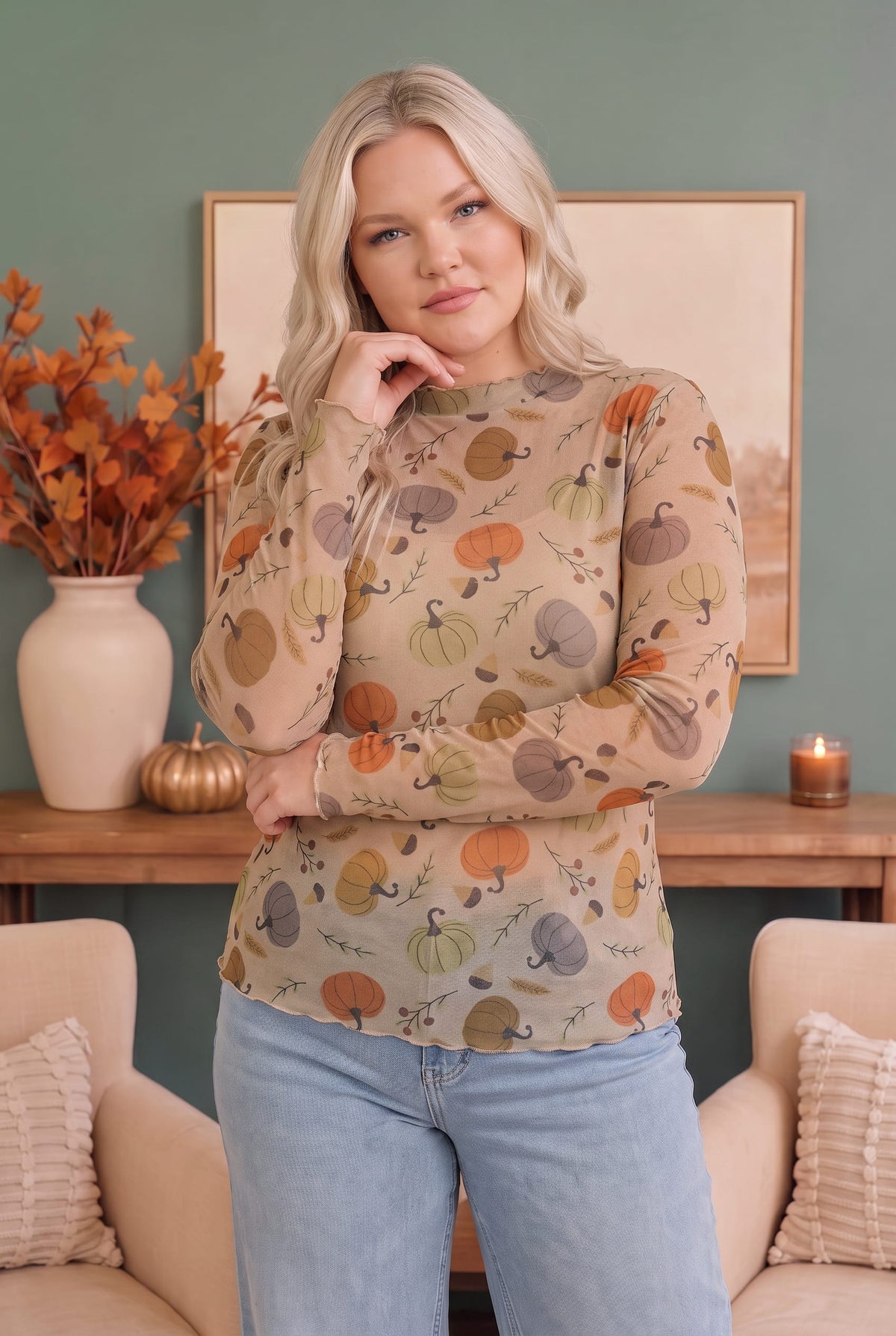Haptics Pumpkin Patch Pretty Mesh Long Sleeve Top Tops