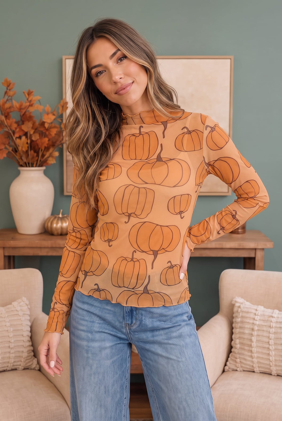 Haptics Pumpkin Patch Mesh Mock Neck Top Tops