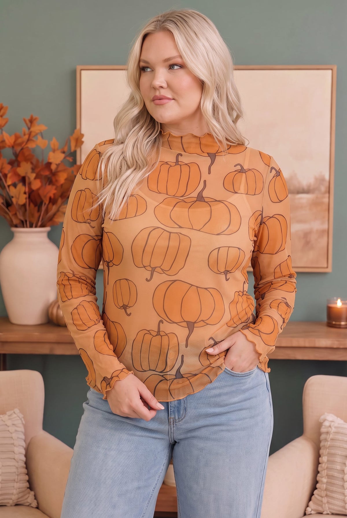 Haptics Pumpkin Patch Mesh Mock Neck Top Tops