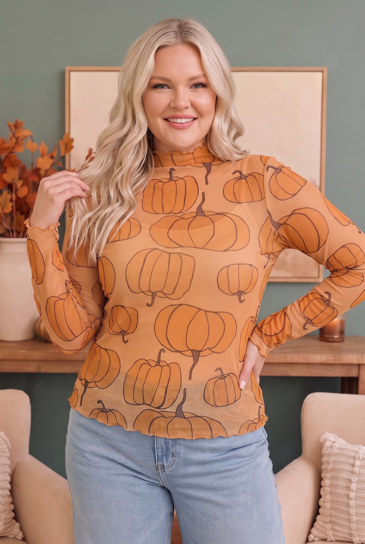 Haptics Pumpkin Patch Mesh Mock Neck Top Tops