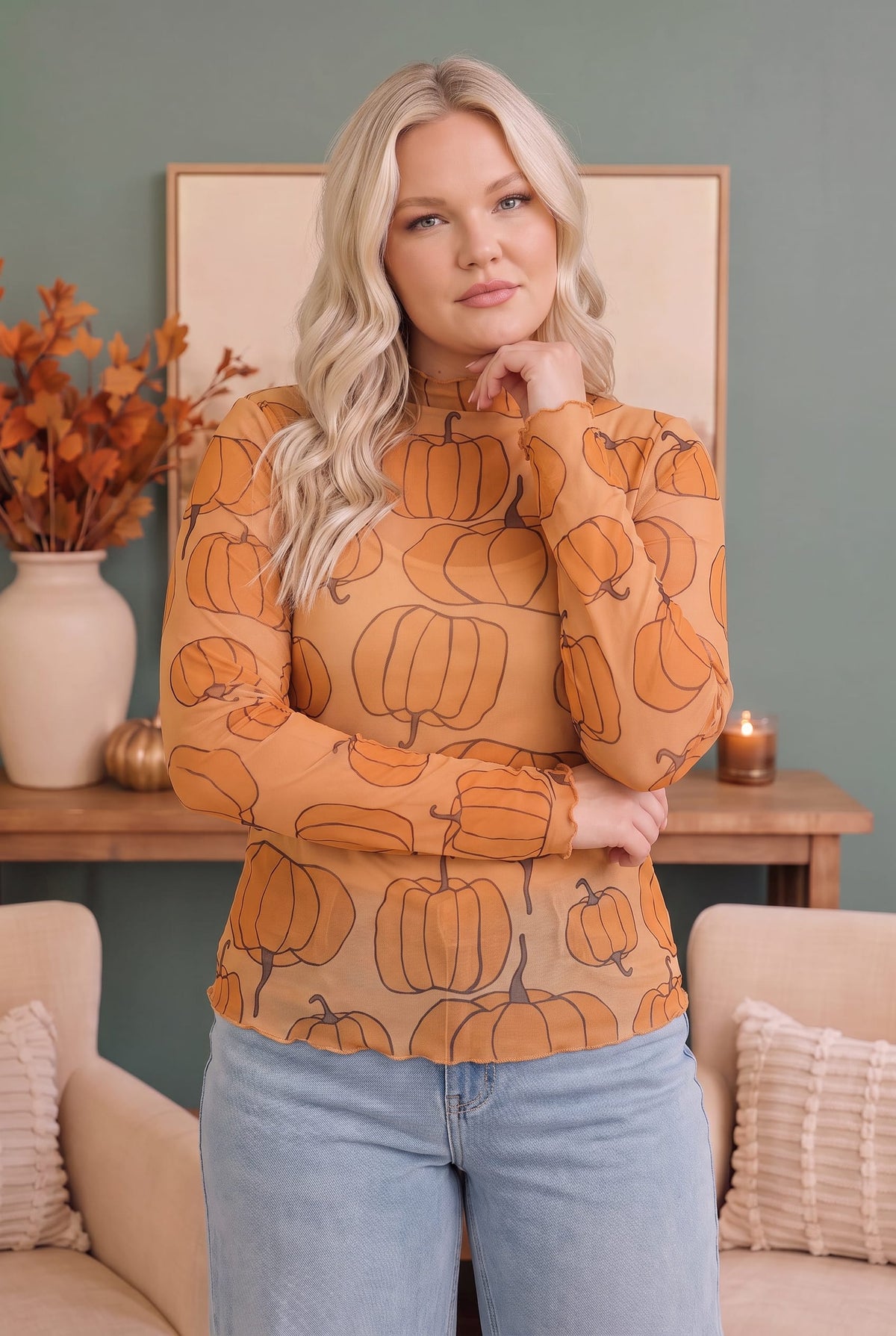 Haptics Pumpkin Patch Mesh Mock Neck Top Tops