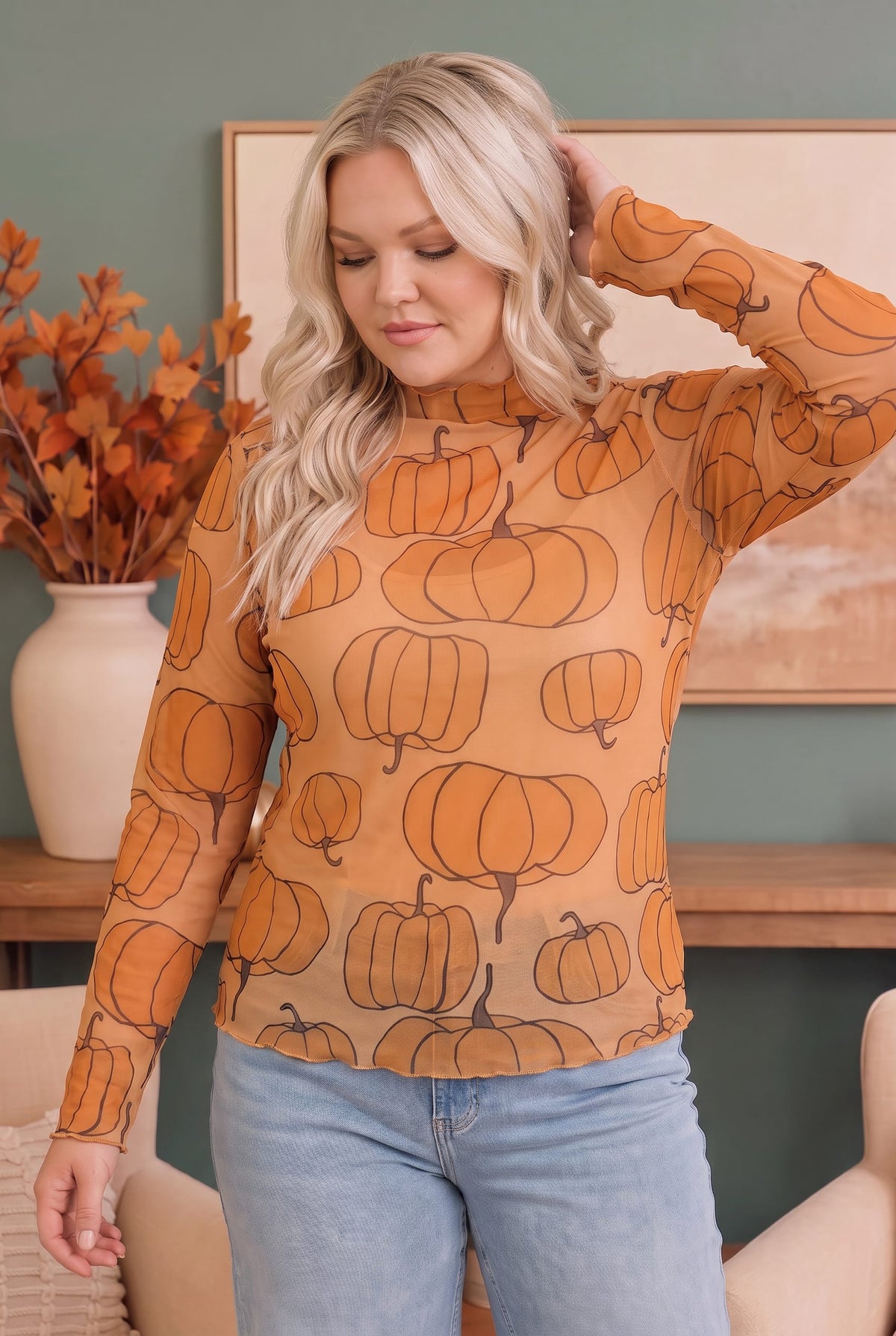 Haptics Pumpkin Patch Mesh Mock Neck Top Tops