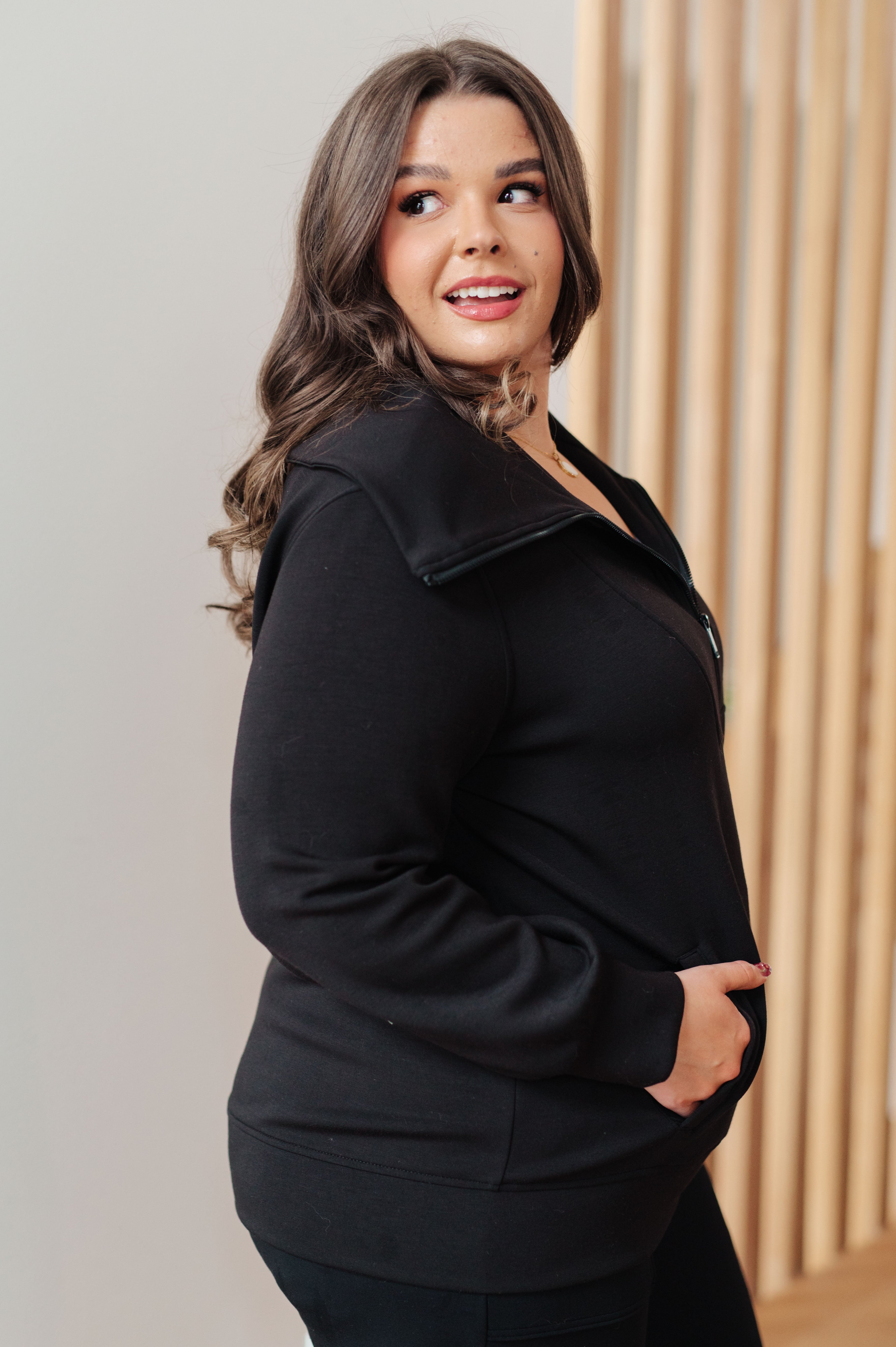 Rae Mode Handle That Micro Modal Scuba Knit High Neck Zip Up Black Jacket Layers