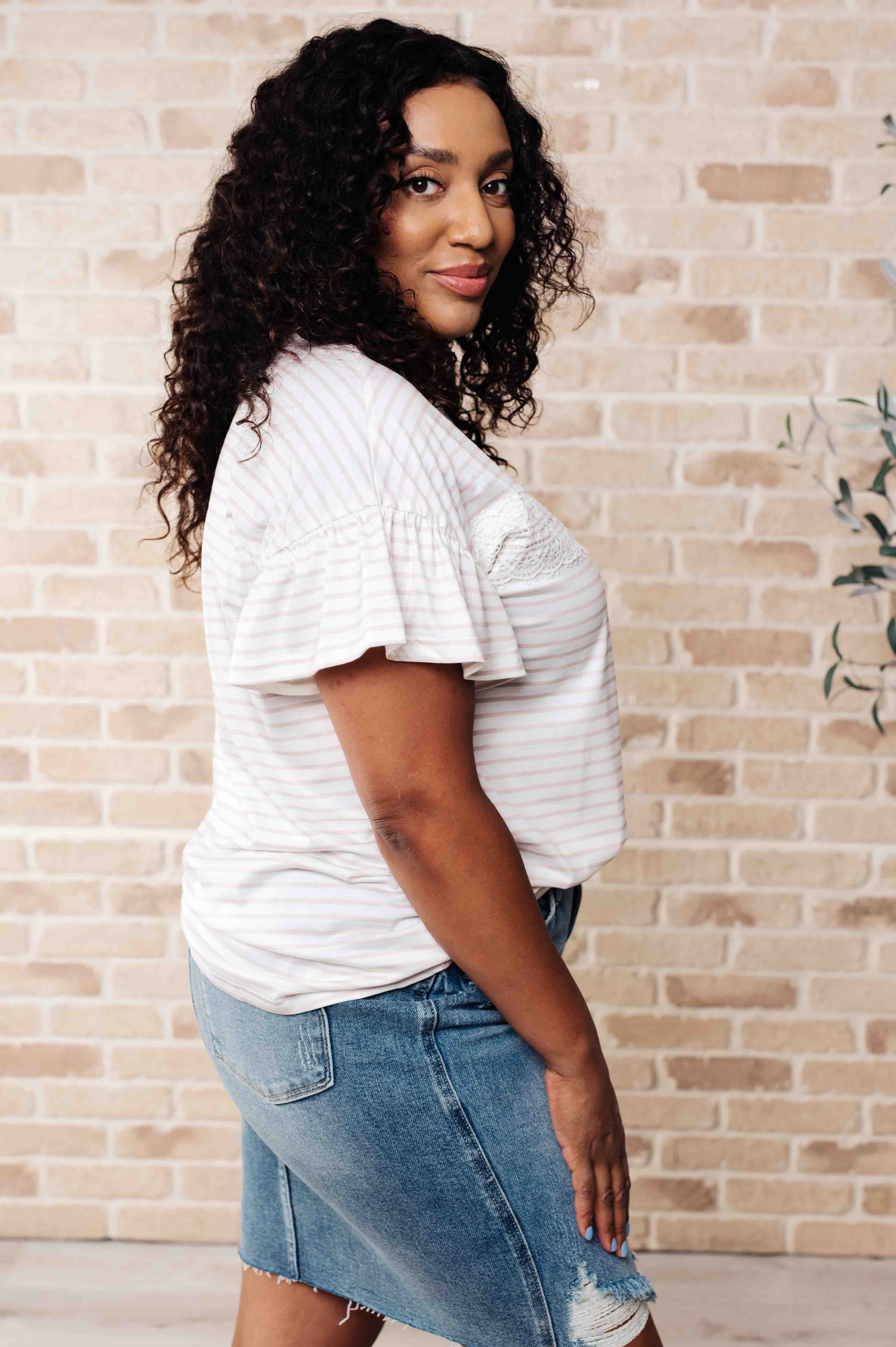 One Eleven North Hand to Hold Lace Detail Striped Top Tops