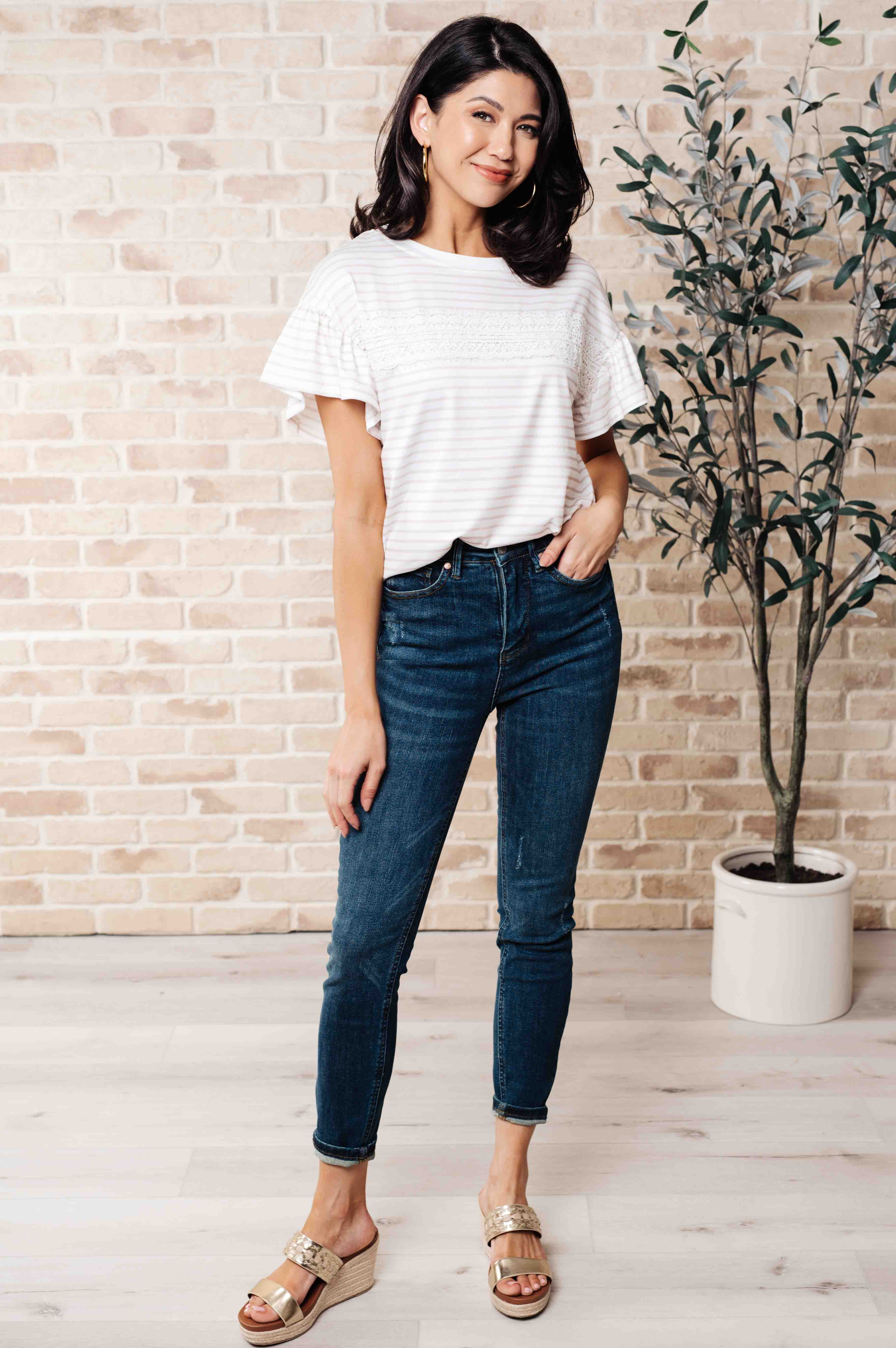 One Eleven North Hand to Hold Lace Detail Striped Top Tops