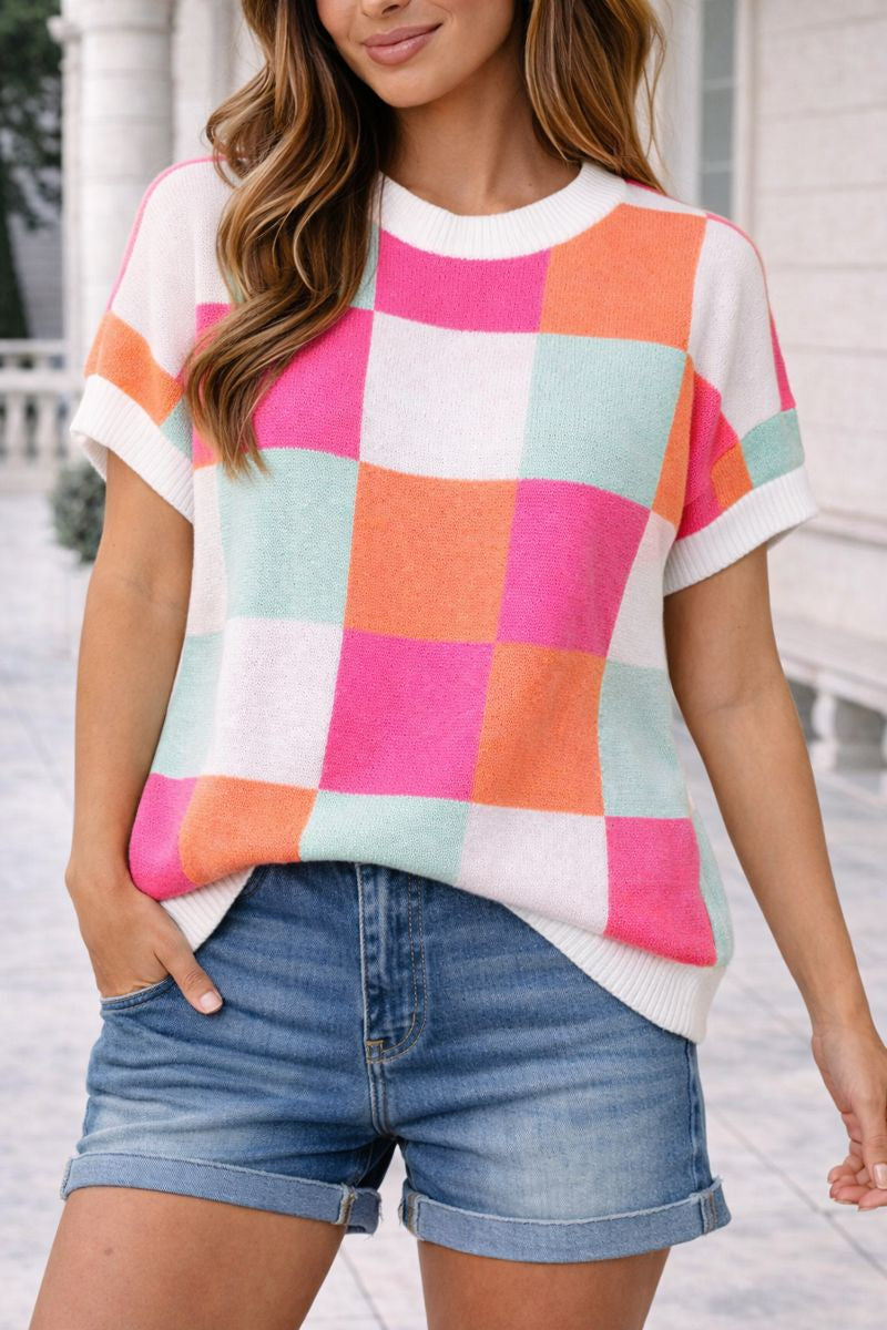 Haptics Dolman Short Sleeve Checker Sweater Knit Top