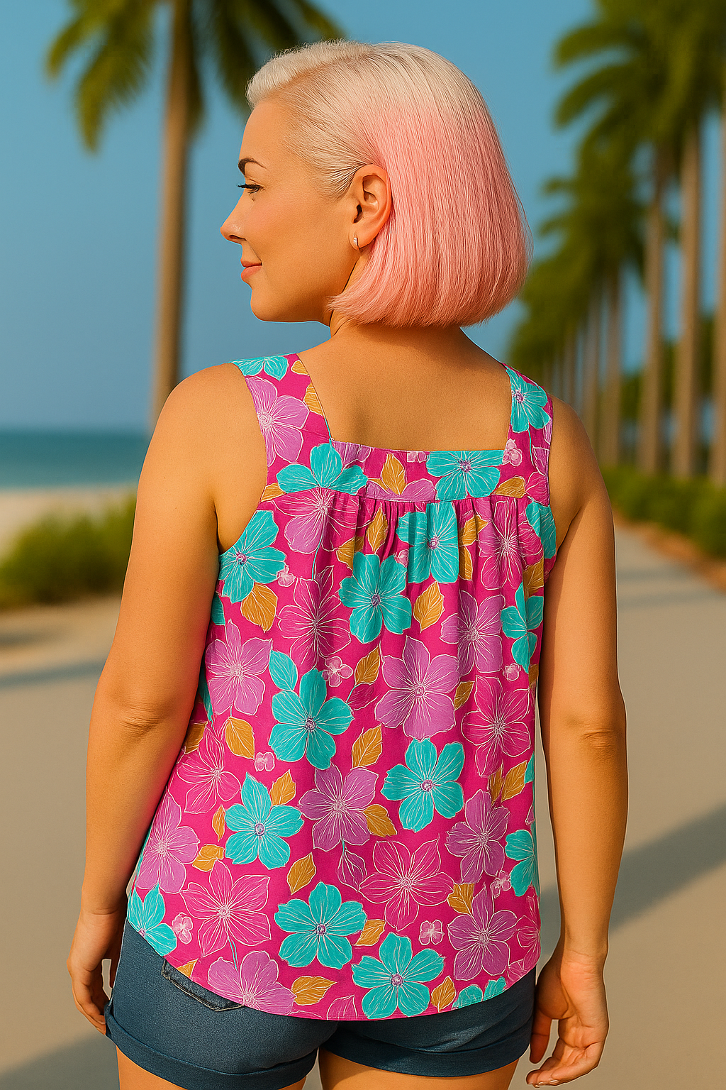 Haptics Fuchsia Square Neck Floral Bow Tie Top