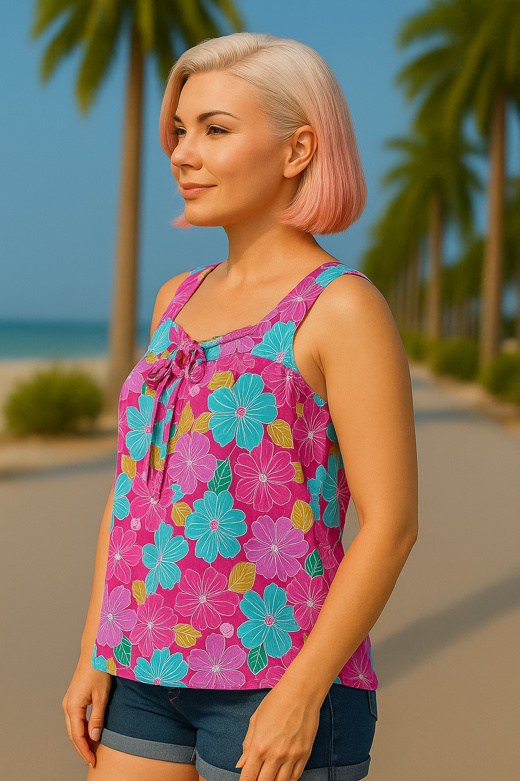 Haptics Fuchsia Square Neck Floral Bow Tie Top