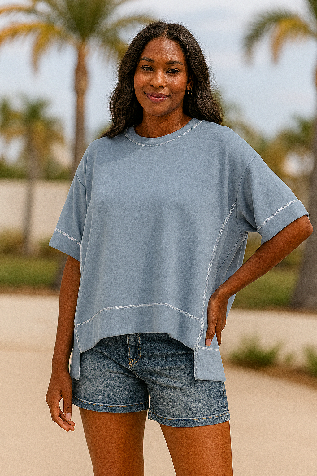 Haptics Oversized Hi-Lo French Terry Outseam Pullover in Denim Blue