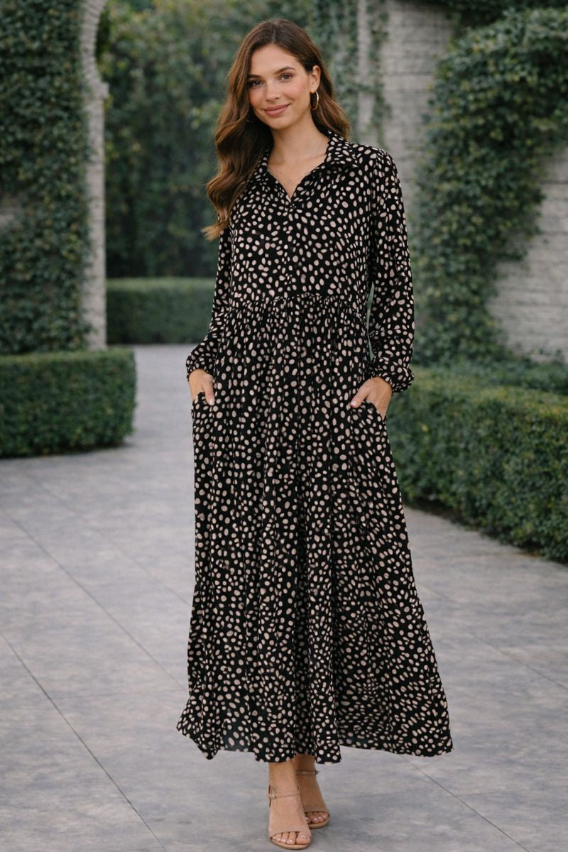 Haptics Promotional Proposal Jersey Knit Collared Dress in Black and Khaki Womens