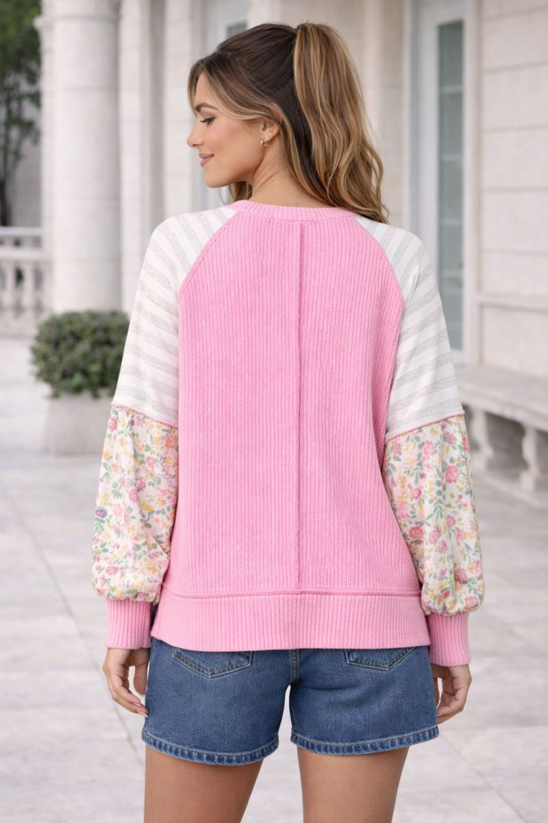 Haptics Raglan Rib Stripe Floral Color Block Knit Top