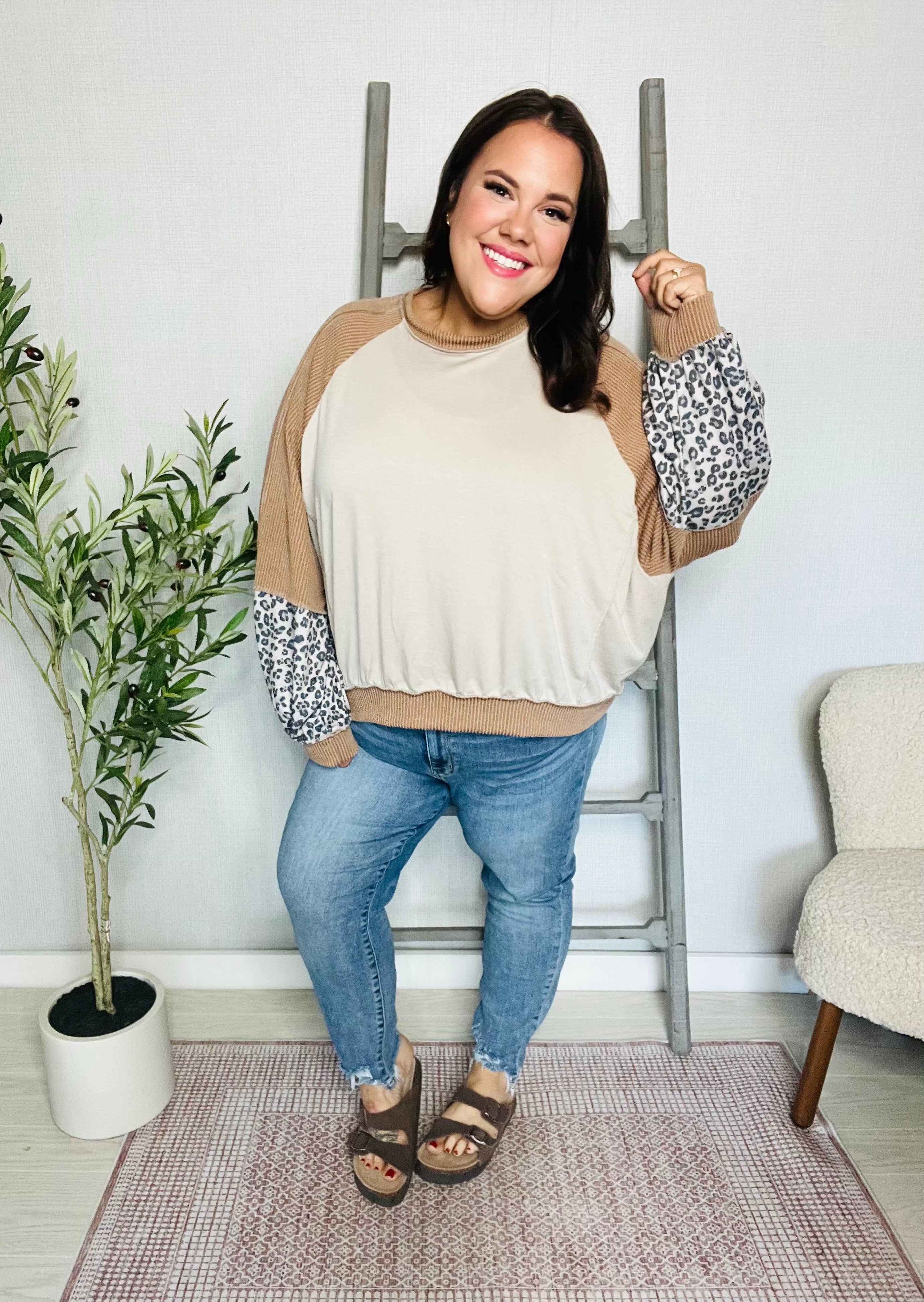 Haptics Taupe & Animal Print Oversized Dolman Colorblock Terry Top