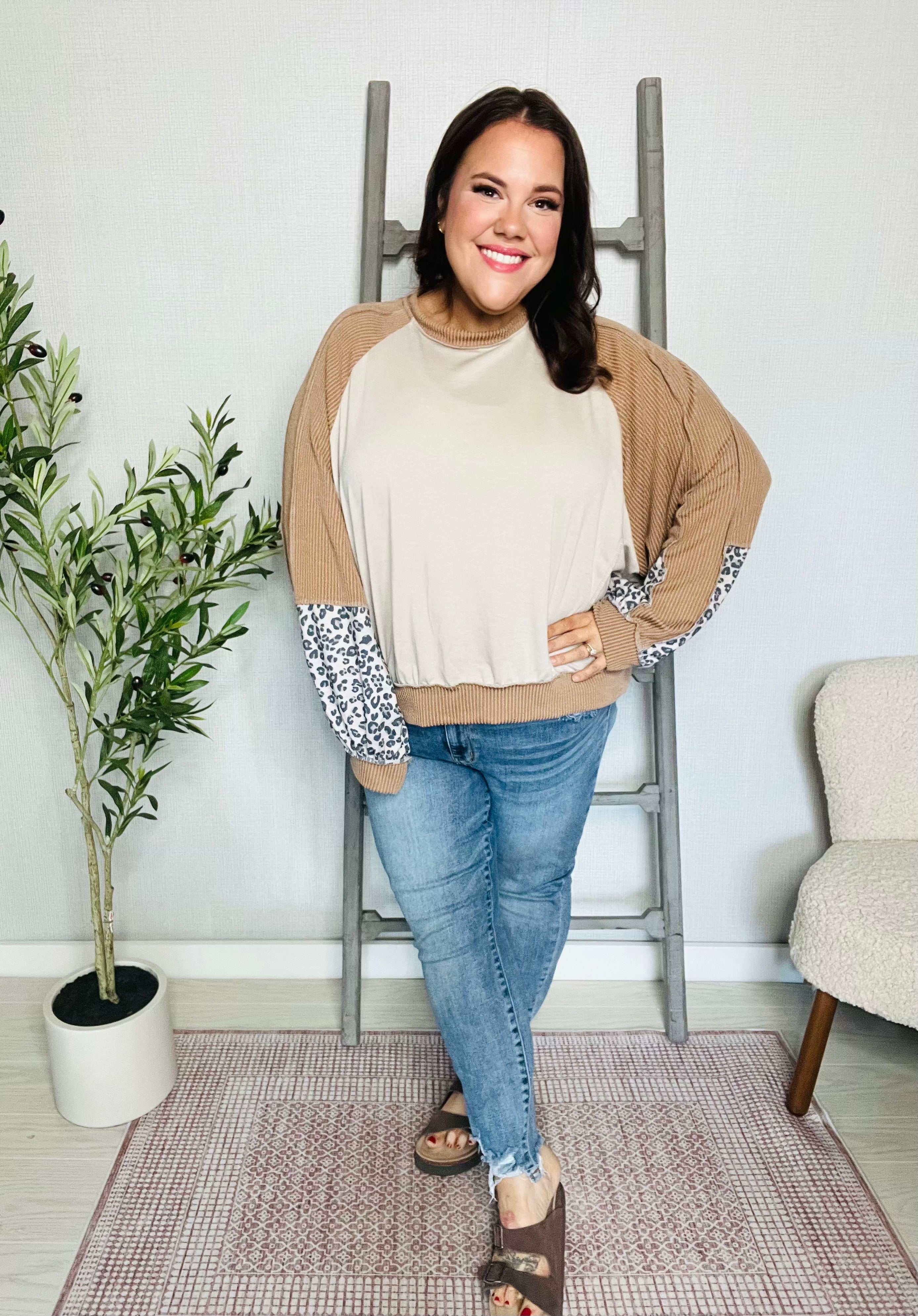 Haptics Taupe & Animal Print Oversized Dolman Colorblock Terry Top