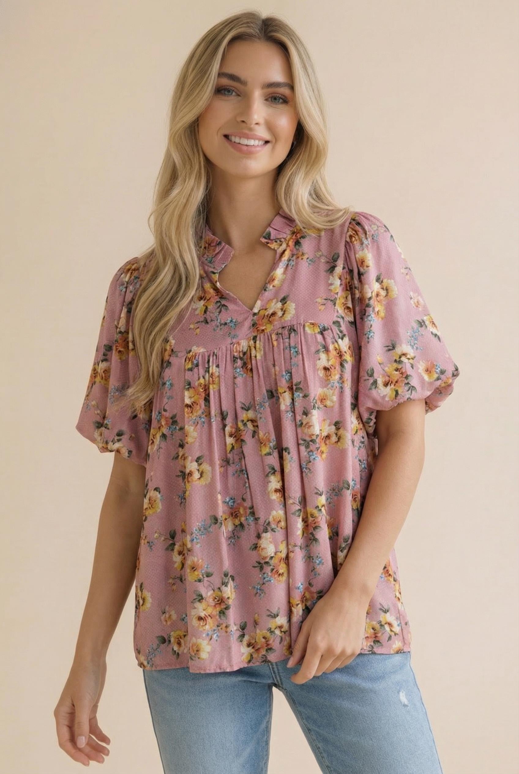 Haptics Dusty Rose Frilled Notch Neck Floral Woven Blouse Top