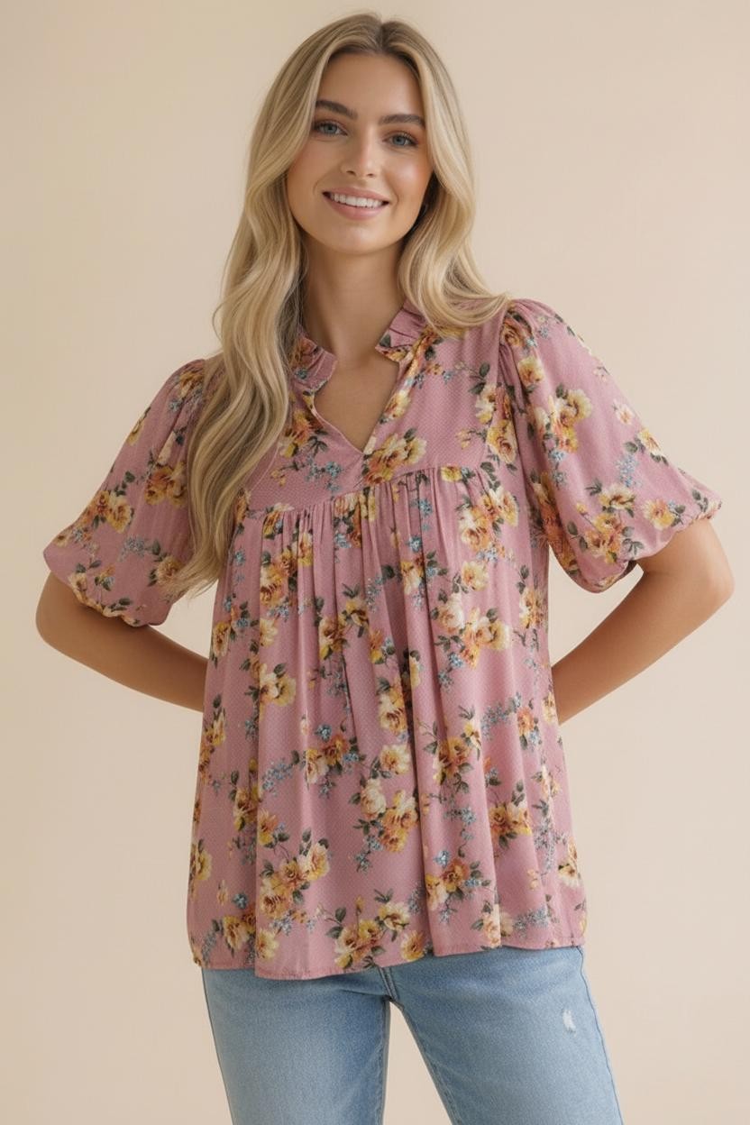 Haptics Dusty Rose Frilled Notch Neck Floral Woven Blouse Top