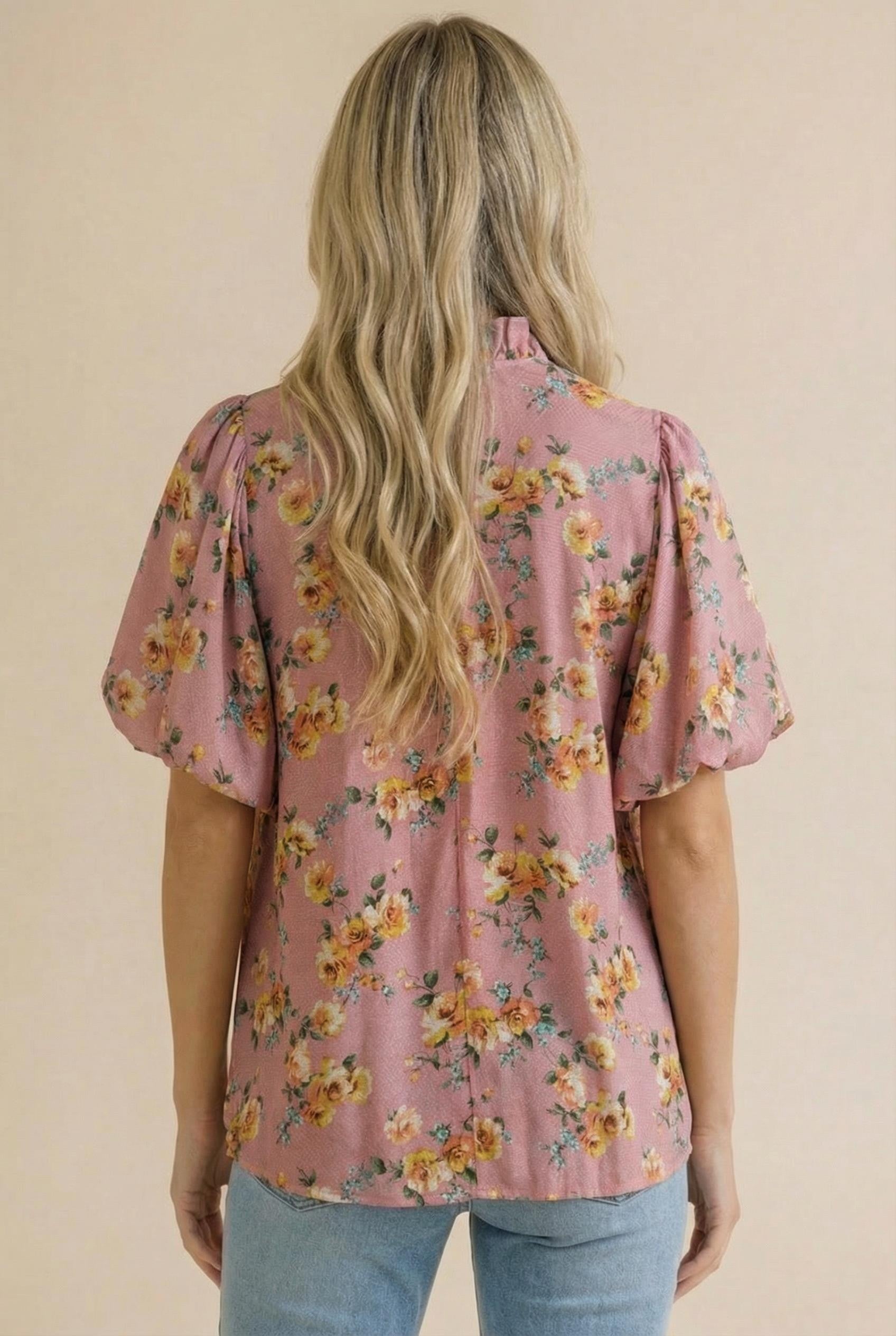 Haptics Dusty Rose Frilled Notch Neck Floral Woven Blouse Top