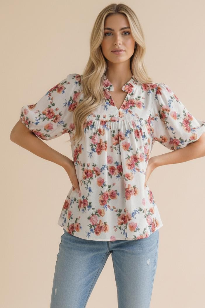 Haptics Ivory Frilled Notch Neck Floral Woven Blouse Top