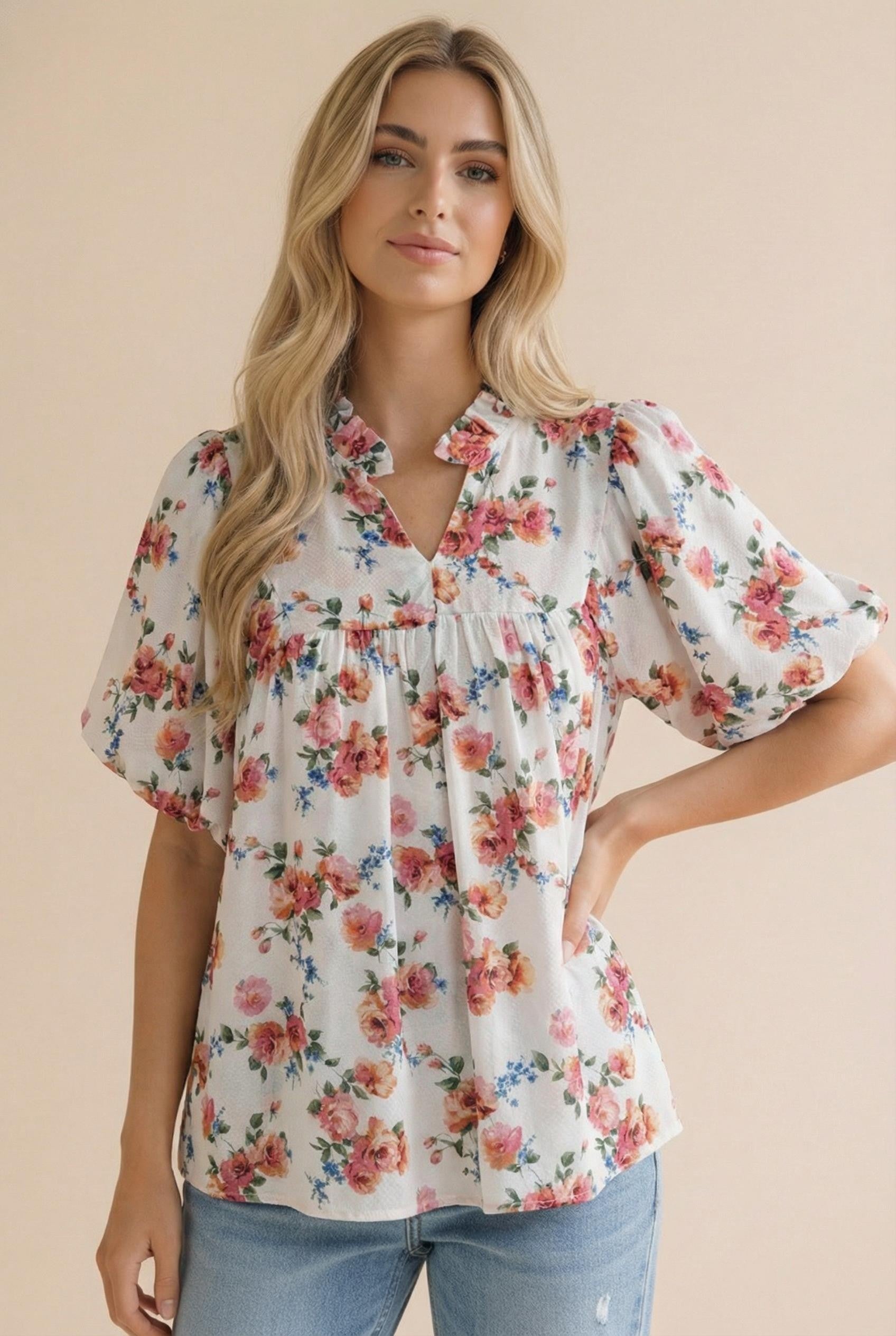 Haptics Ivory Frilled Notch Neck Floral Woven Blouse Top