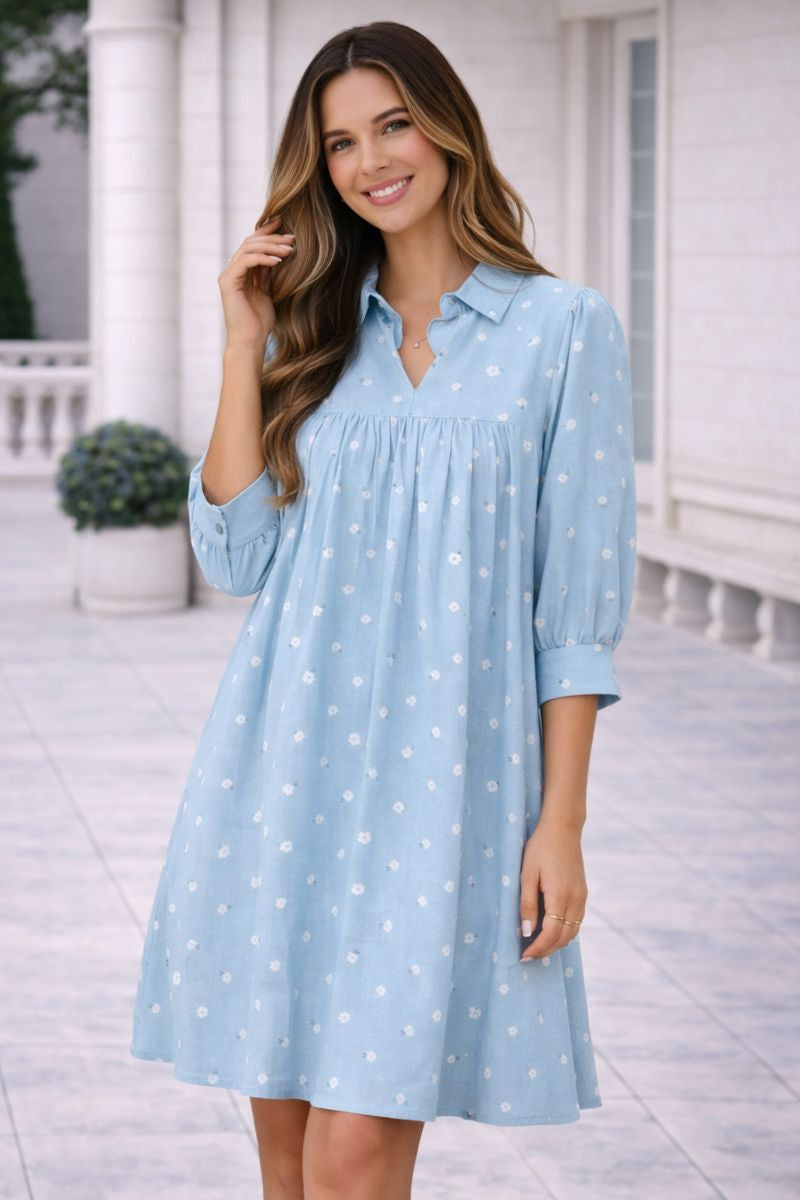 Haptics Light Blue Frilled Notch Neck Floral Linen Shift Dress