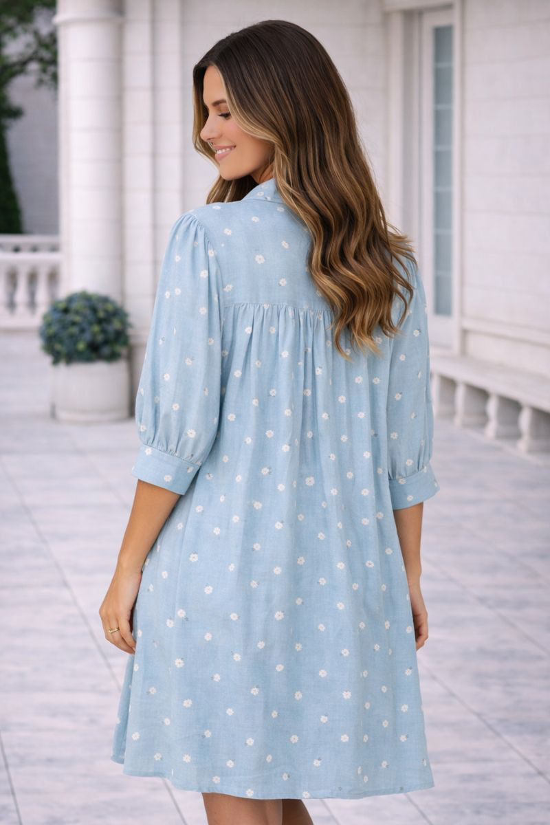 Haptics Light Blue Frilled Notch Neck Floral Linen Shift Dress