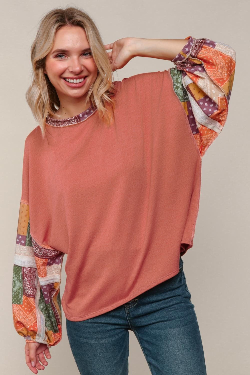 Haptics Rust French Terry Top W/ Patchwork Print Detail On Sleeves