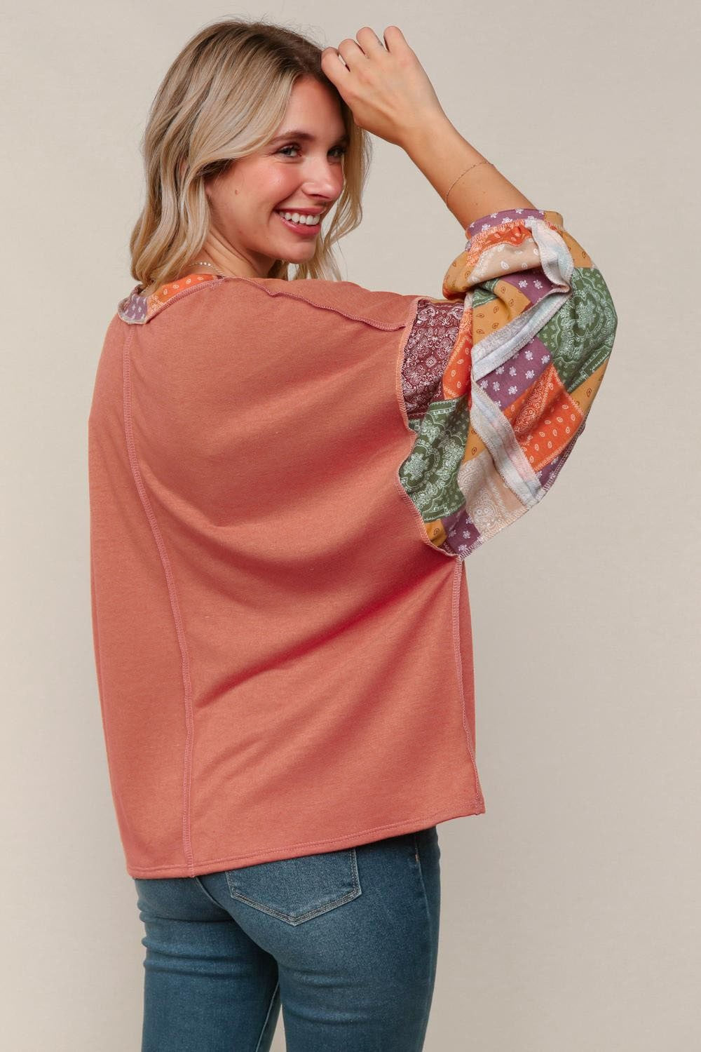 Haptics Rust French Terry Top W/ Patchwork Print Detail On Sleeves