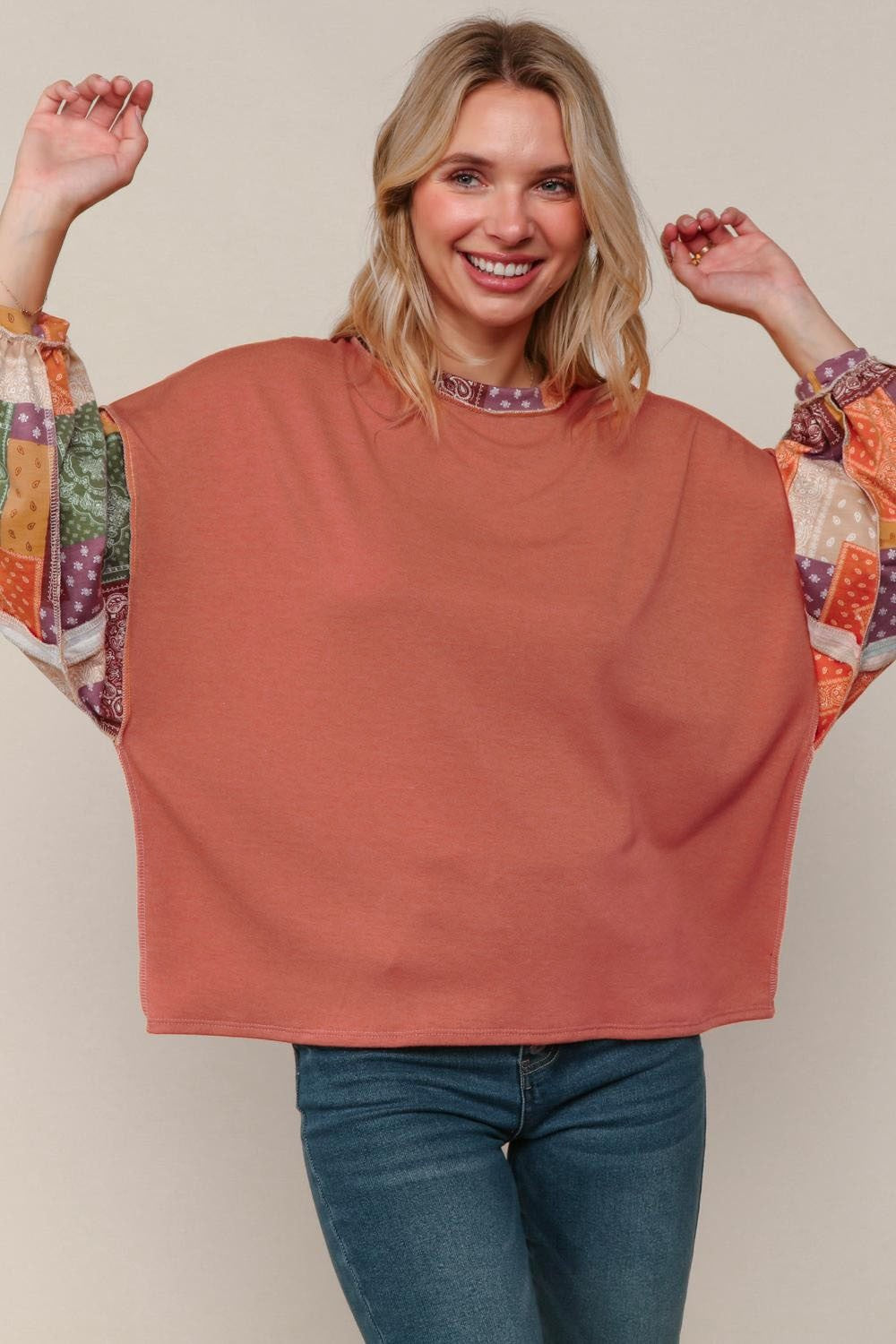Haptics Rust French Terry Top W/ Patchwork Print Detail On Sleeves