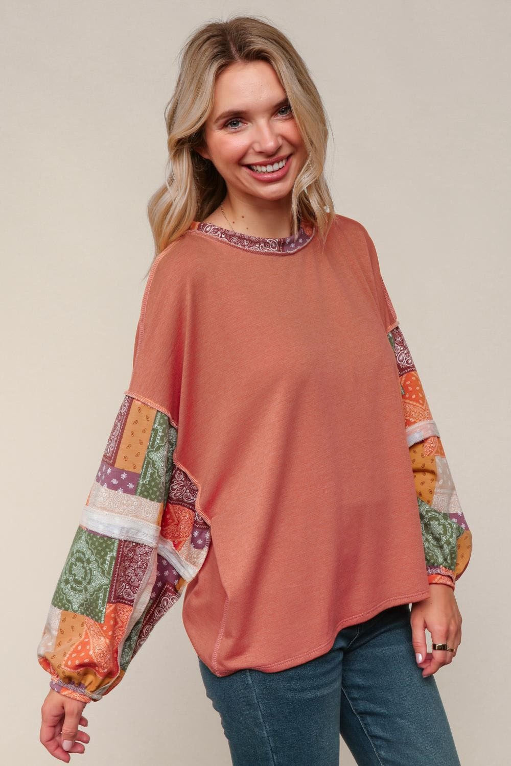 Haptics Rust French Terry Top W/ Patchwork Print Detail On Sleeves
