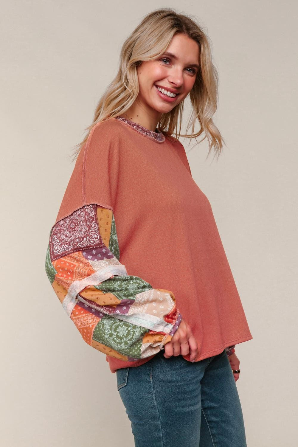 Haptics Rust French Terry Top W/ Patchwork Print Detail On Sleeves