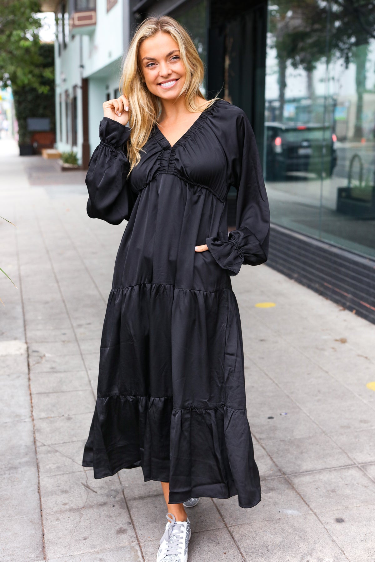 Haptics Elegant Black Elastic V Neck Tiered Satin Maxi Dress Dresses