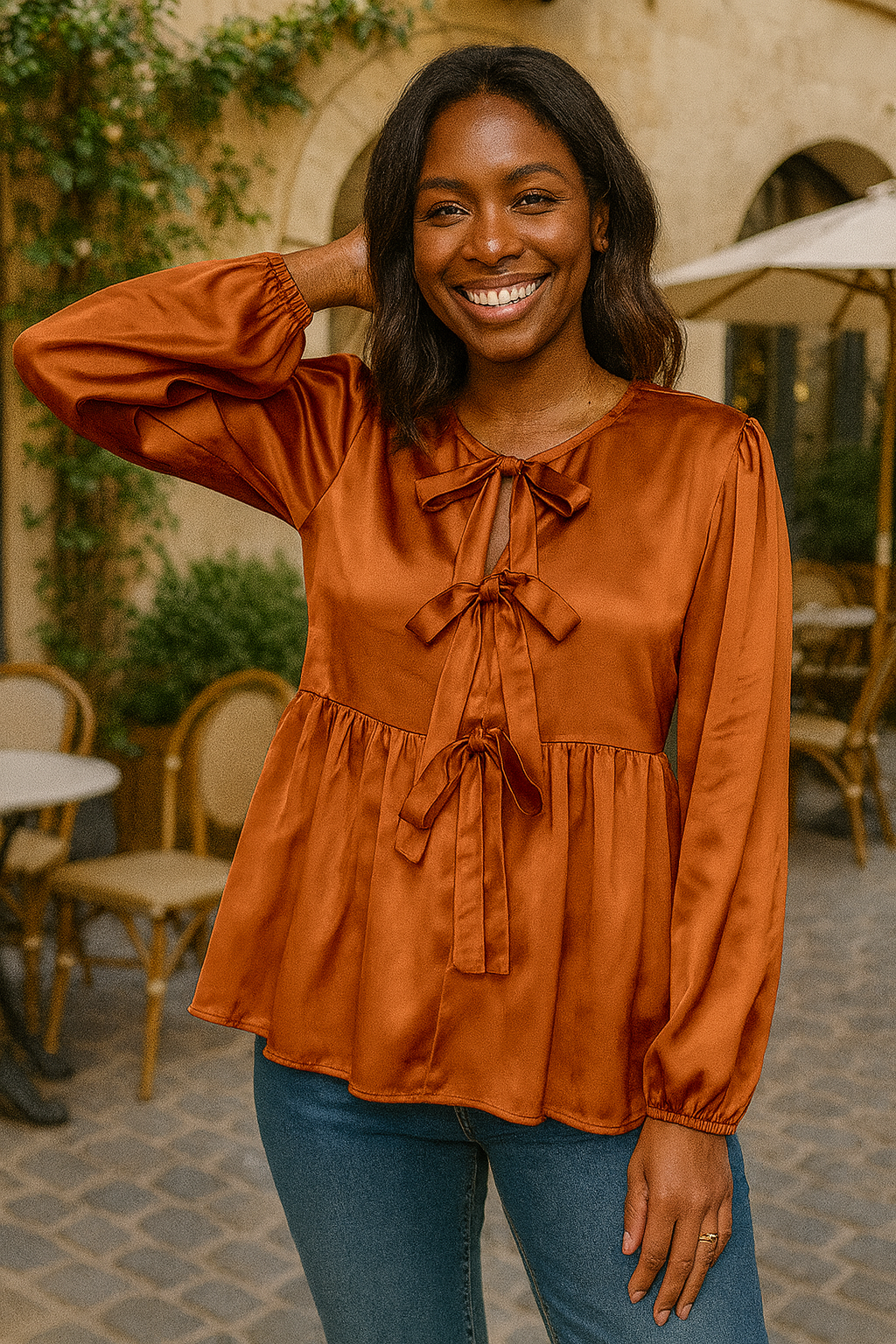 Haptics Babydoll Rust With Front Ribbon Bow Tie Blouse